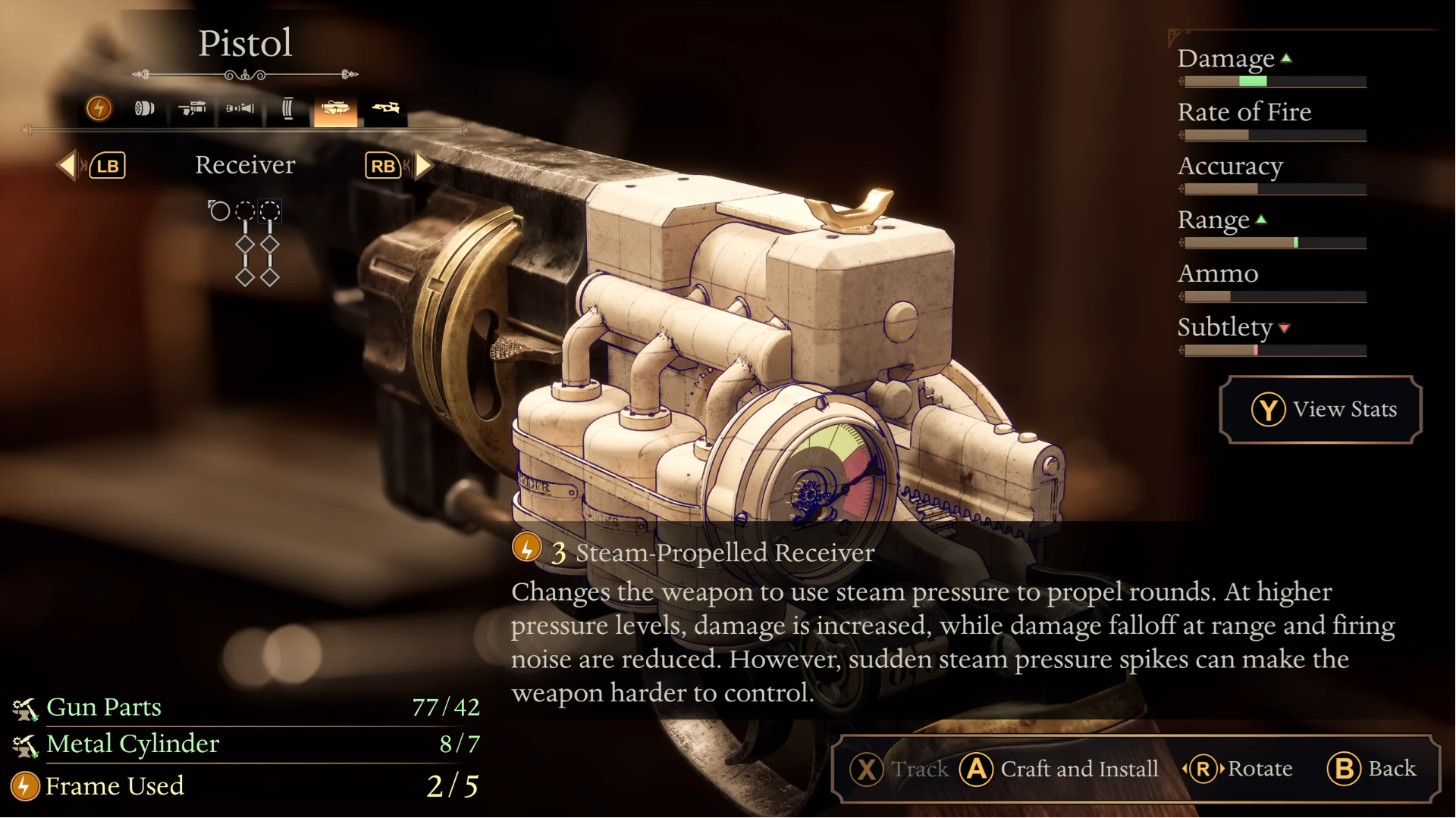Clockwork Revolution screenshot of the interior of a firearm in the crafting menu