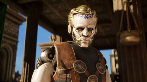 Clockwork Revolution screenshot of a robot man with golden hear looking at the viewer