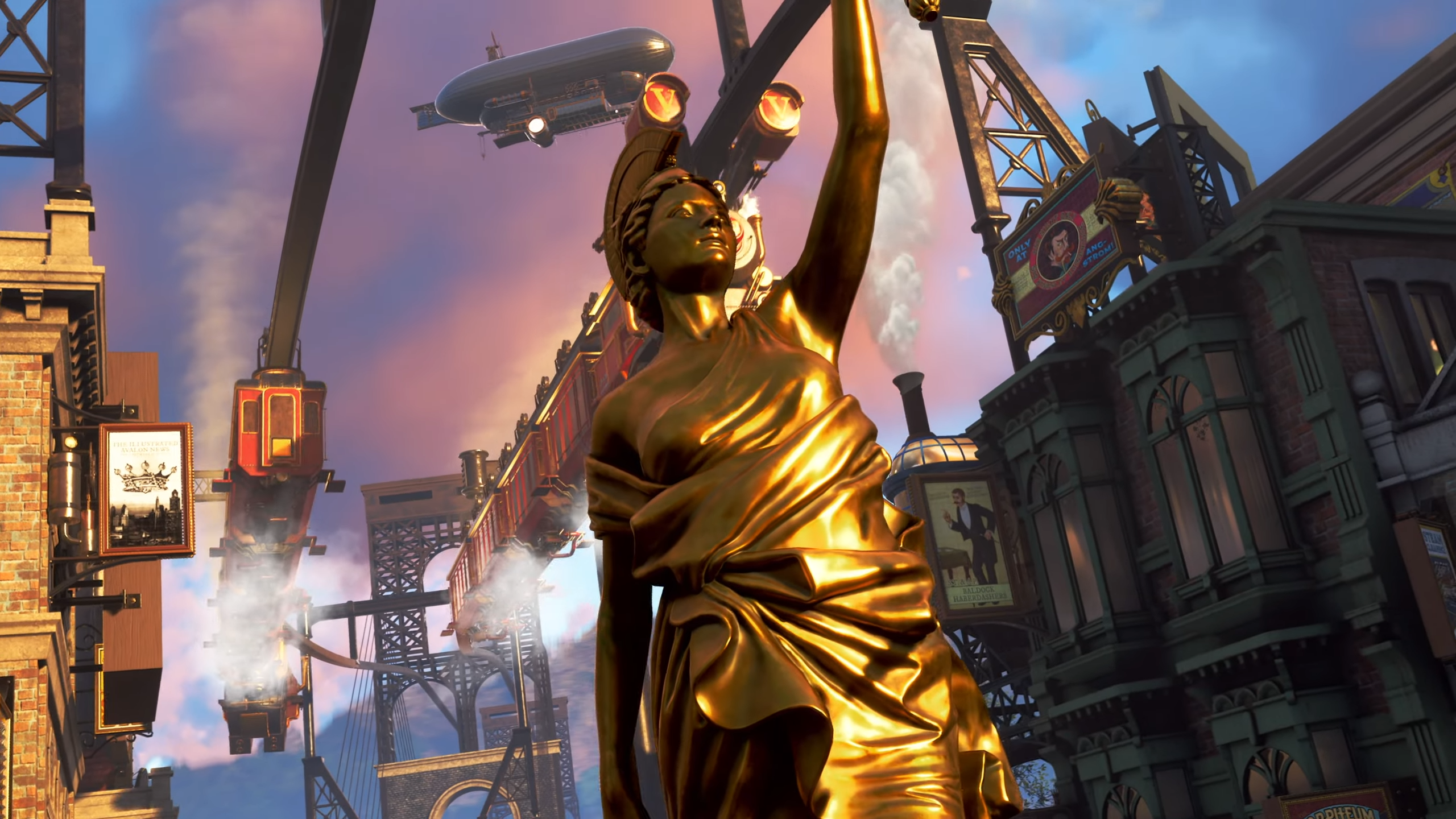 A shot of Clockwork Revolution city Avalon showing a large statue and an airship in the background.