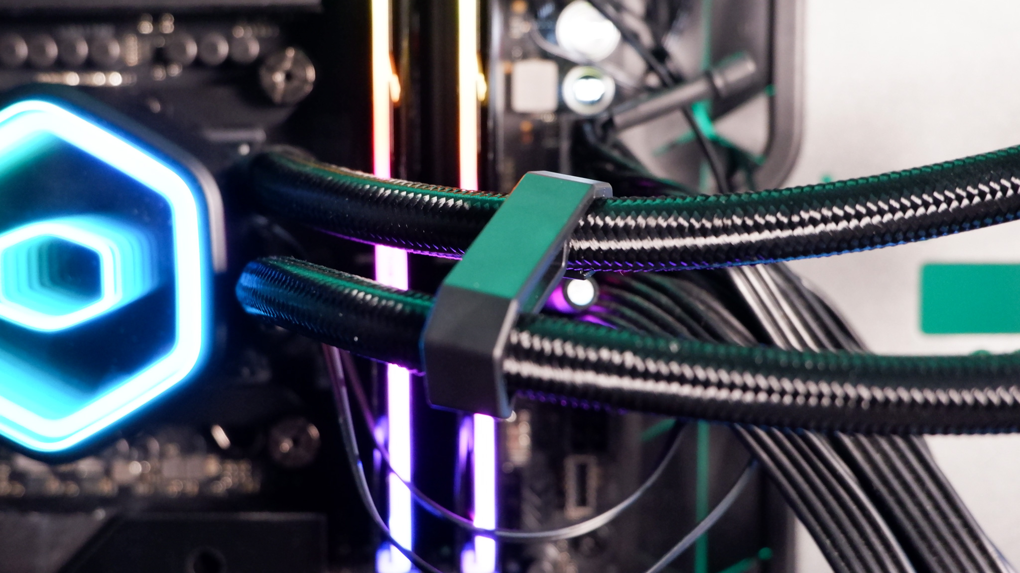 A Cooler Master MasterLiquid 360 Core II liquid cooler set-up on a test bench.