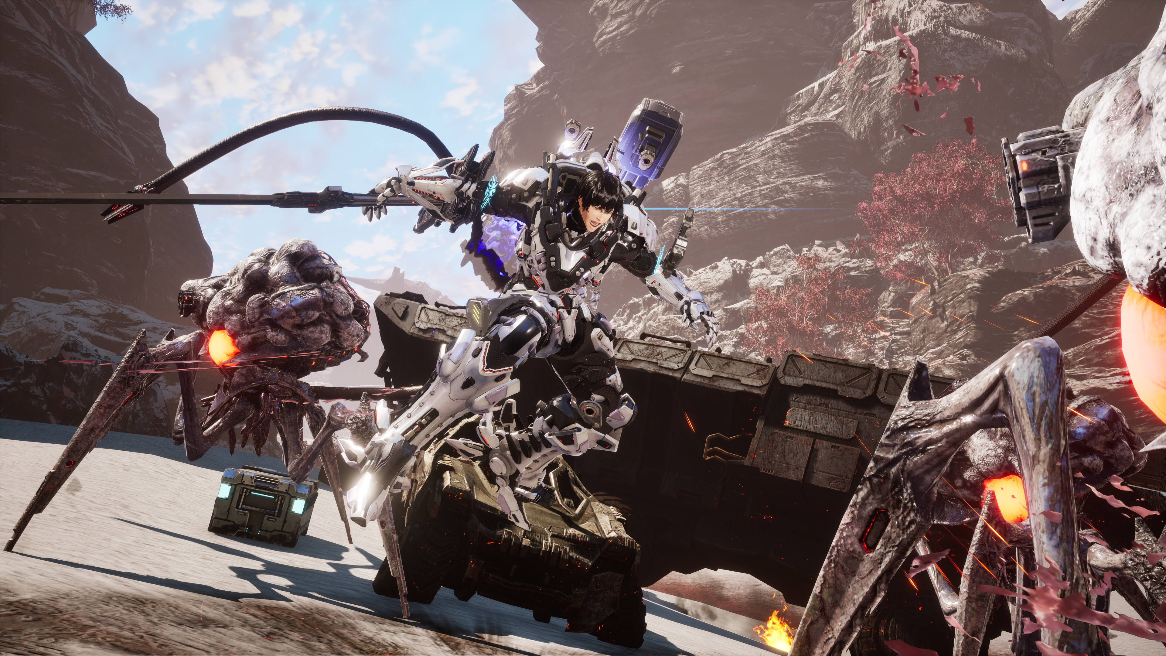 A player character in a sword-wielding Arsenal attacks a bio organic bug creature in Daemon X Machina: Titanic Scion.