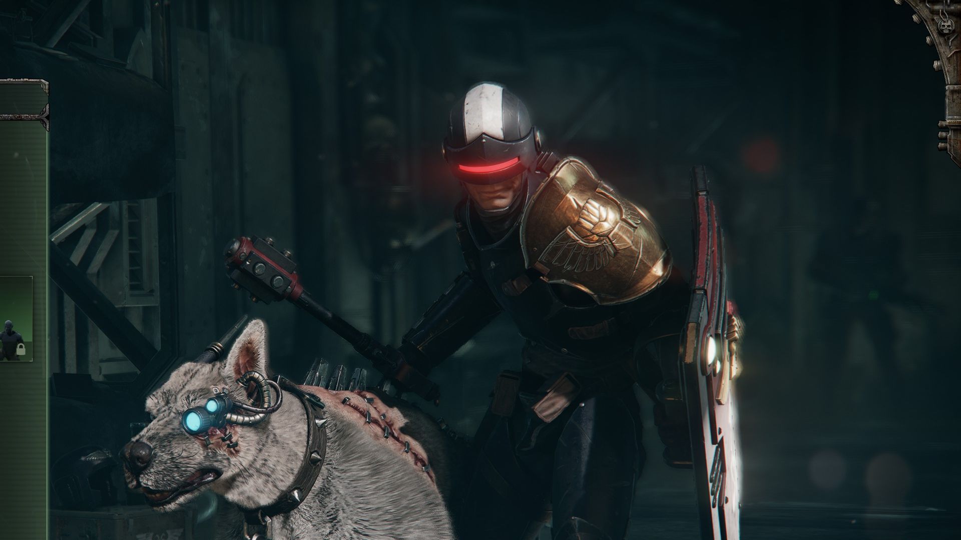 An arbitrator with shock maul and shield alongside his cyber-mastiff