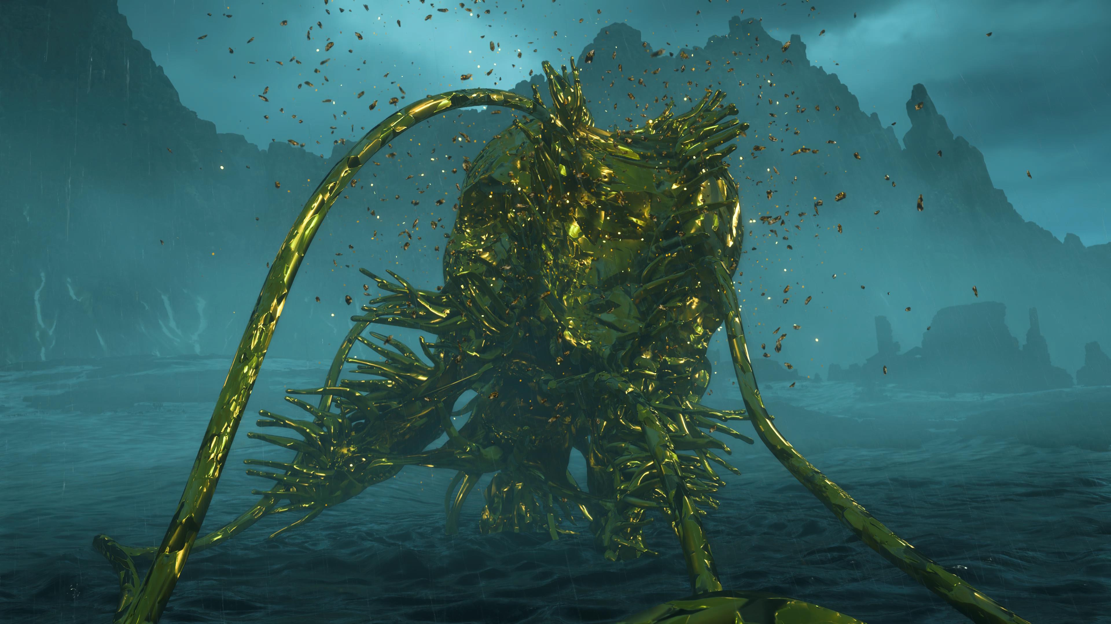 The Giant BT boss in Death Stranding 2, turning into a mass of chiral crystals