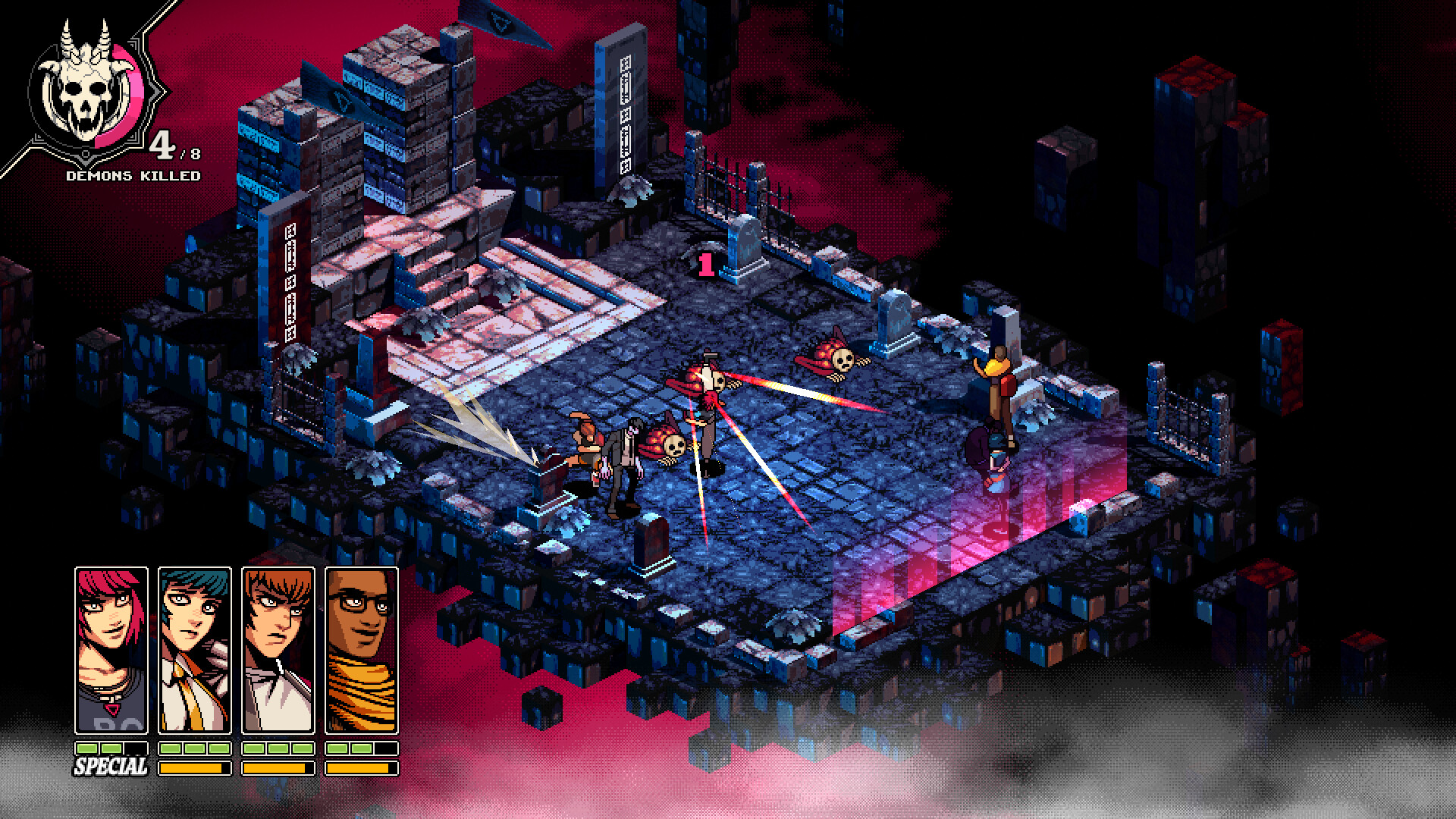 A screenshot of the battlefield in Demonschool, which depicts an isometric view of various combatants doing battle on a stone structure