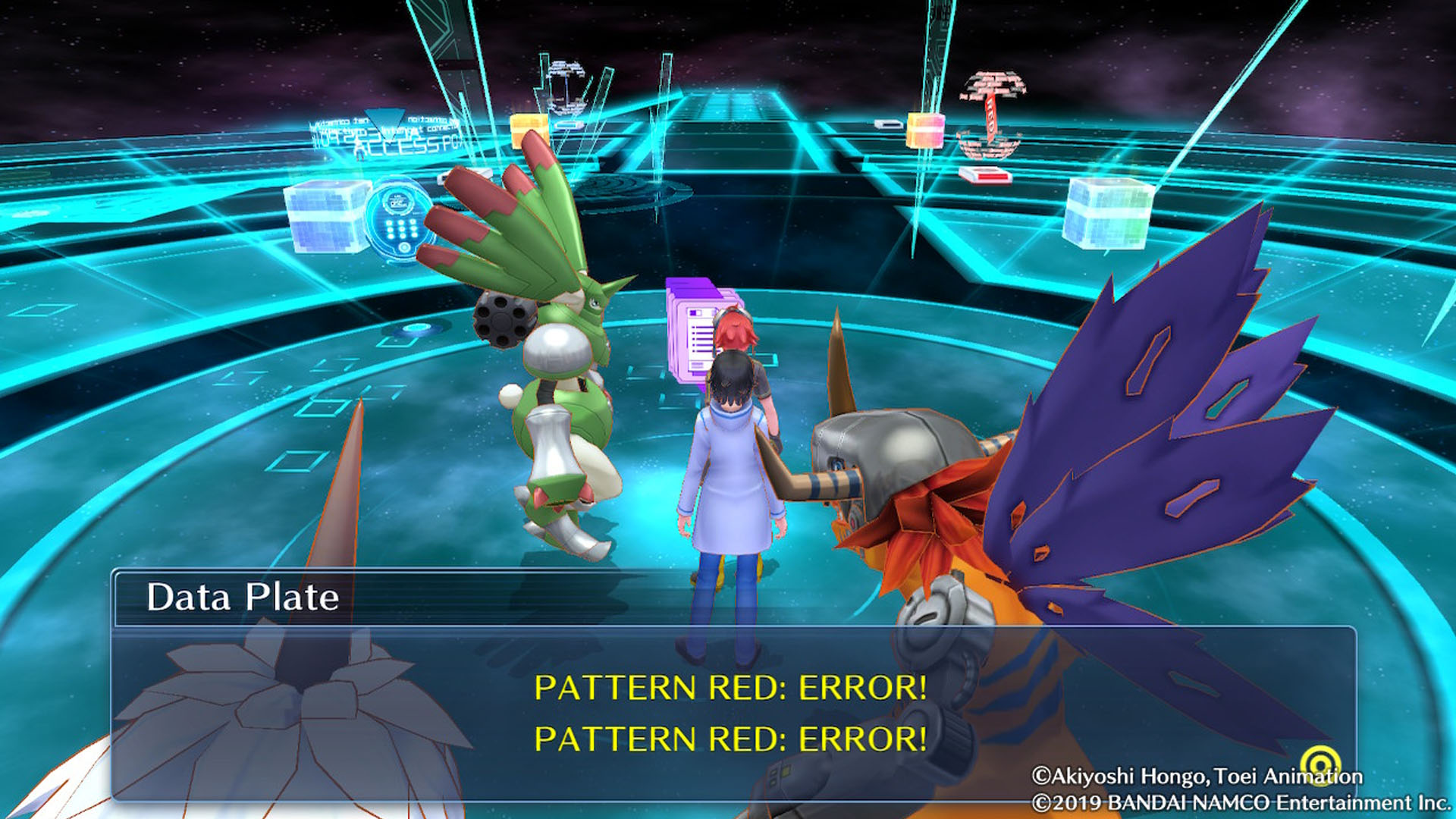 Two characters followed by three digimon. 