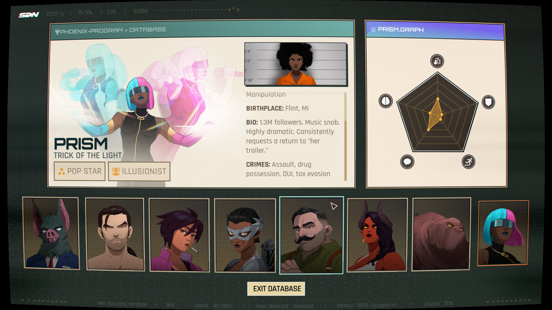 Several character bios from Dispatch, a game by AdHoc studios, going over ex-convict superheroes and their various strengths/weaknesses.