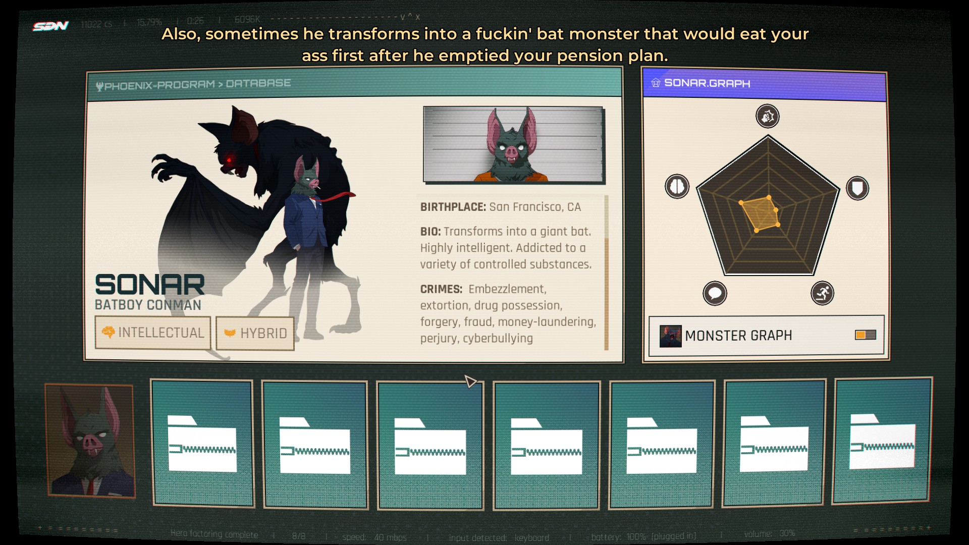 Several character bios from Dispatch, a game by AdHoc studios, going over ex-convict superheroes and their various strengths/weaknesses.