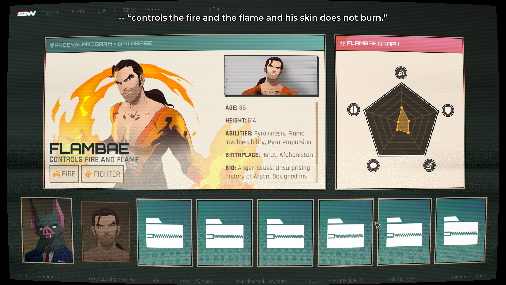 Several character bios from Dispatch, a game by AdHoc studios, going over ex-convict superheroes and their various strengths/weaknesses.