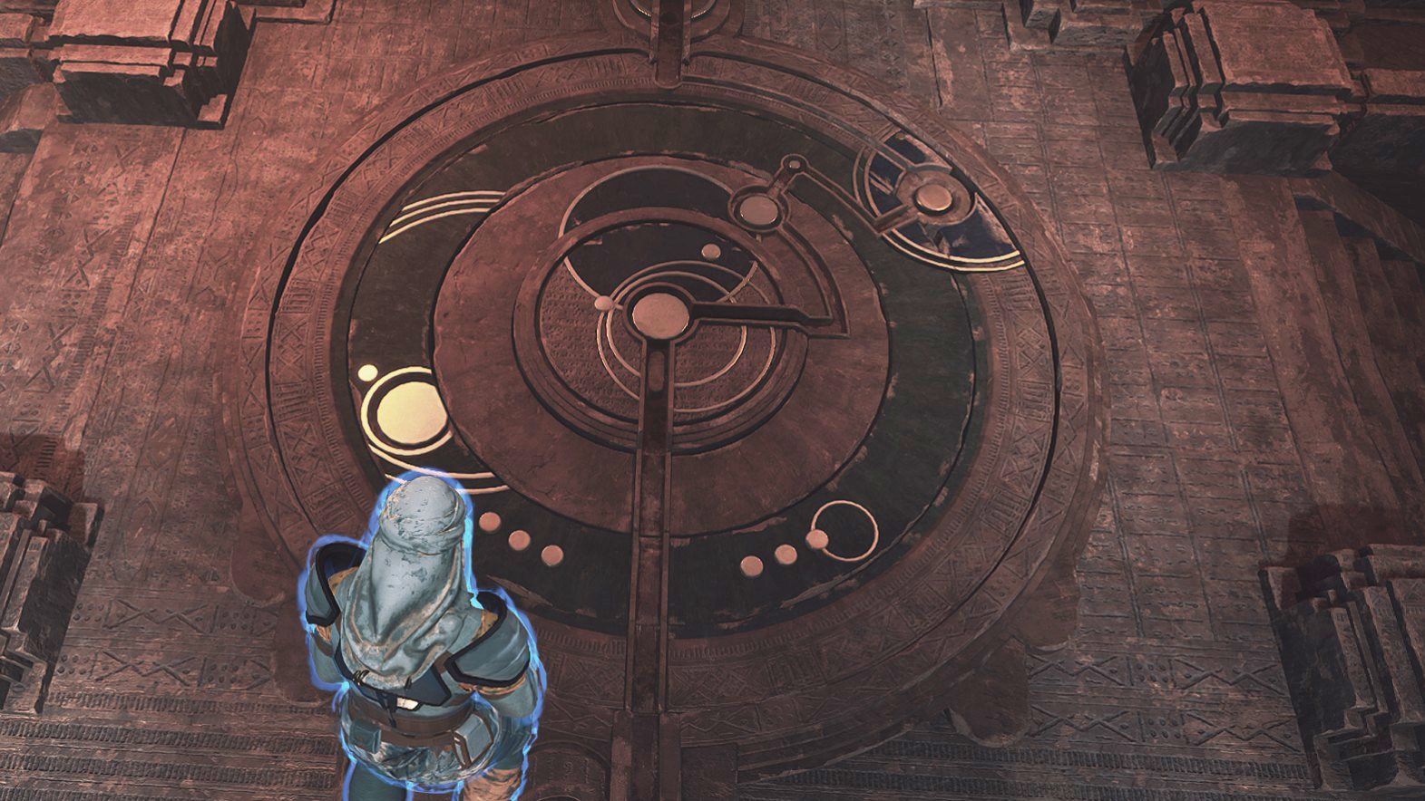 The planet circle puzzle in Dune: Awakening's Eighth Trial of Aql, showing all three circles lined up in the correct solution to the third test.