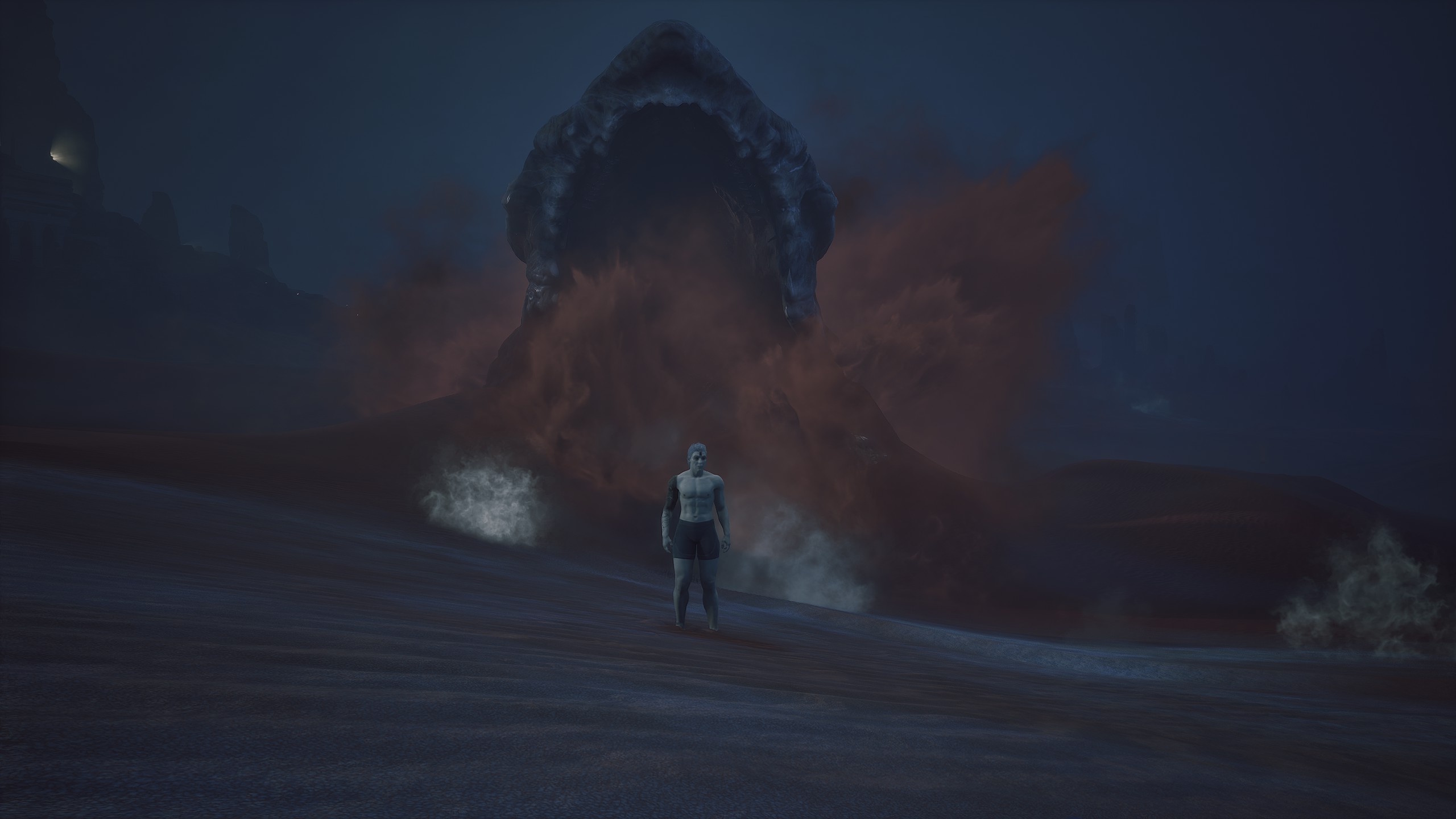 A sandworm rapidly approaching a player character in Dune Awakening