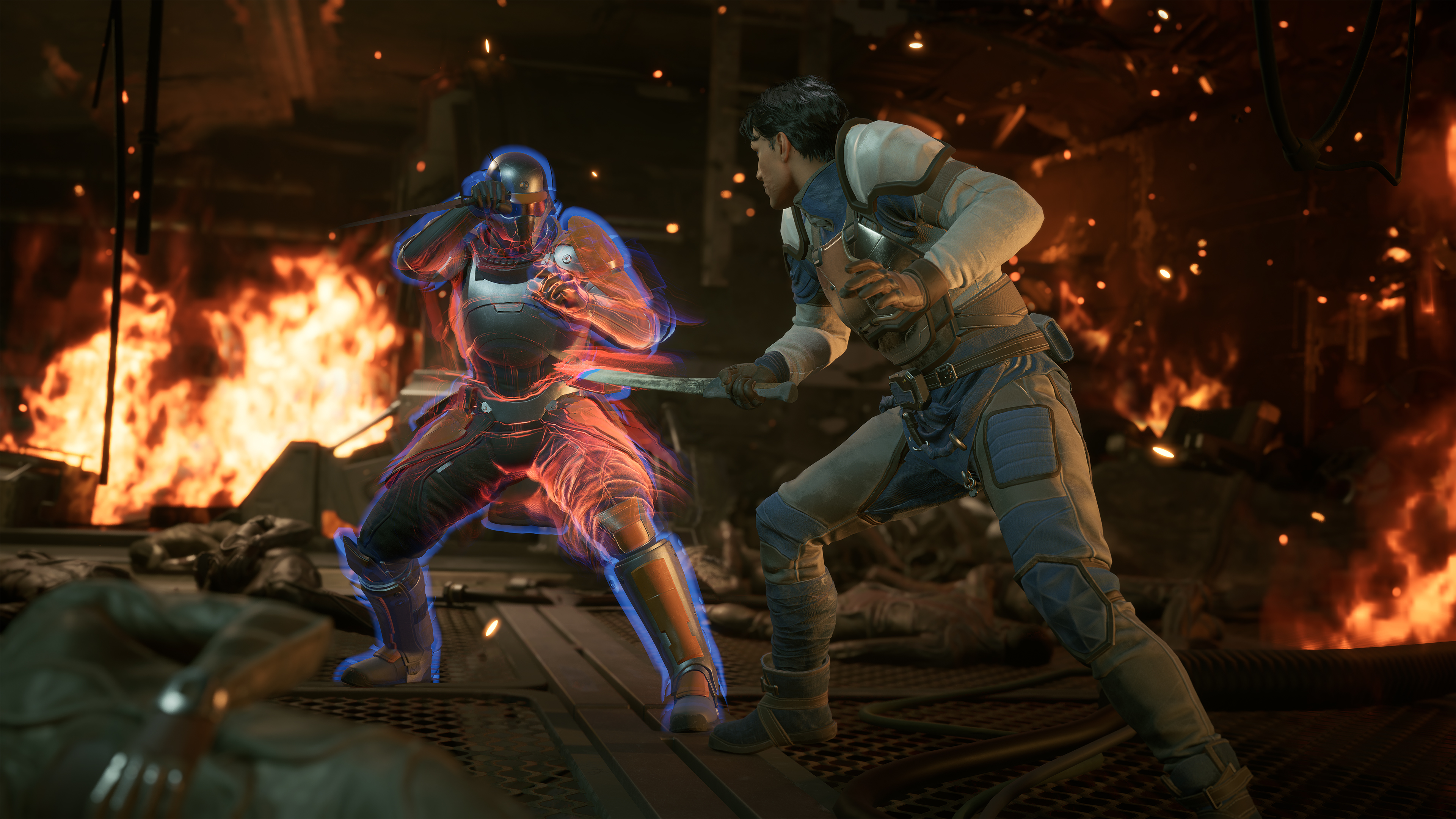 Two people fighting with blades