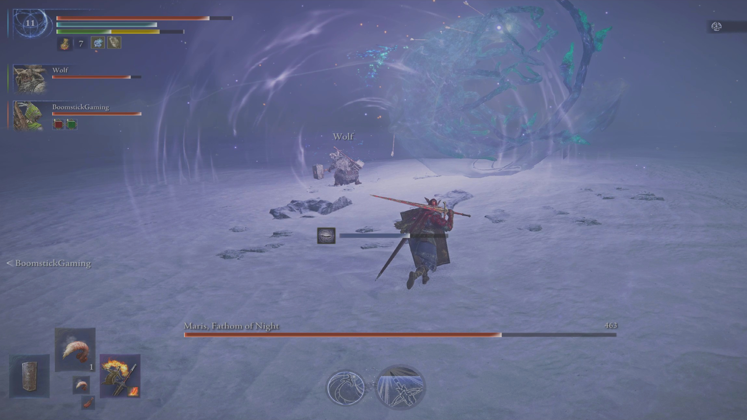 Elden Ring Nightreign Augur boss Maris guide: Maris casting its sleep aura while curled up on the ground.