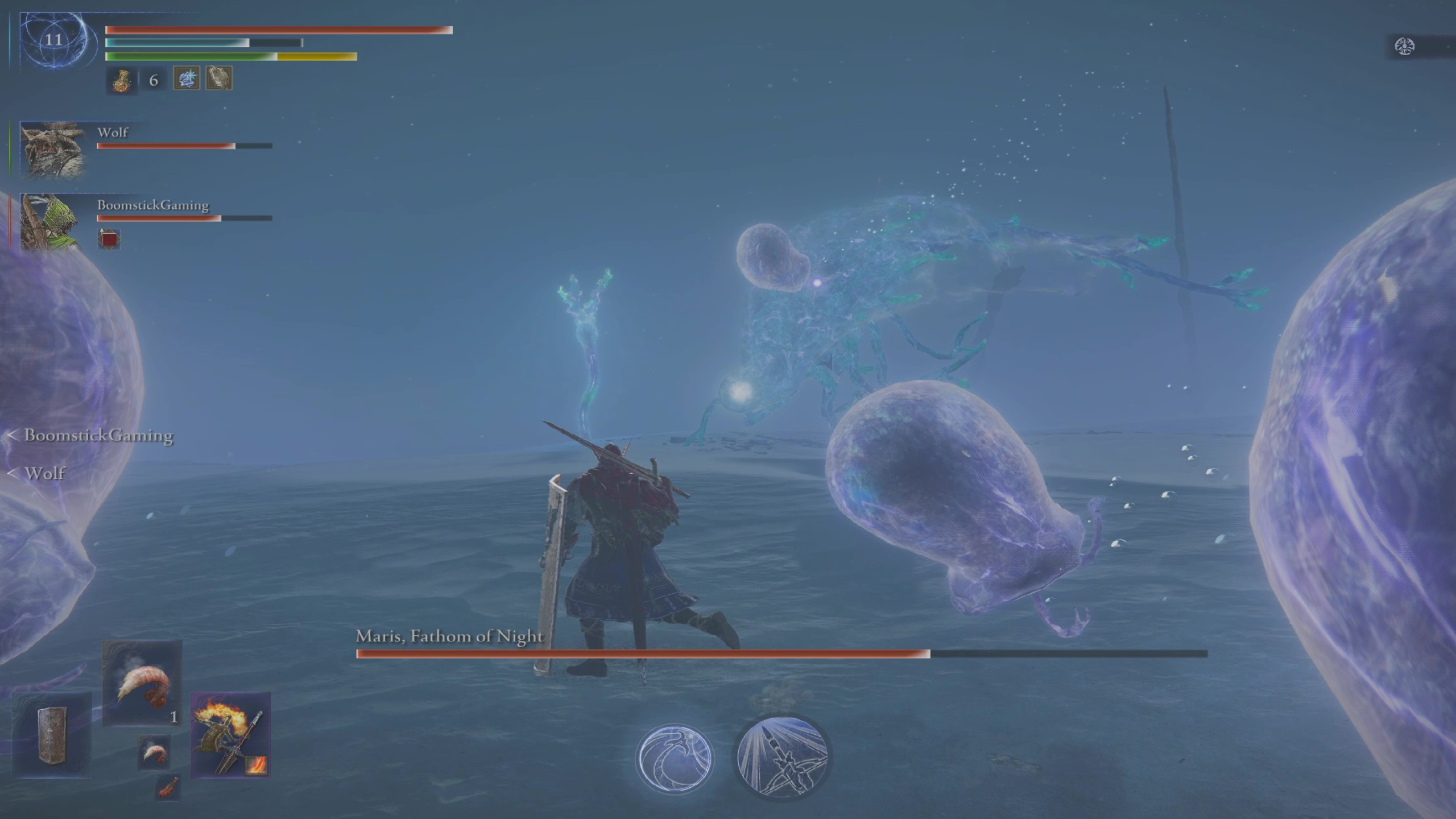 Elden Ring Nightreign Augur boss Maris guide: Maris flying in the background while jellyfish and tentacles attack Wylder.