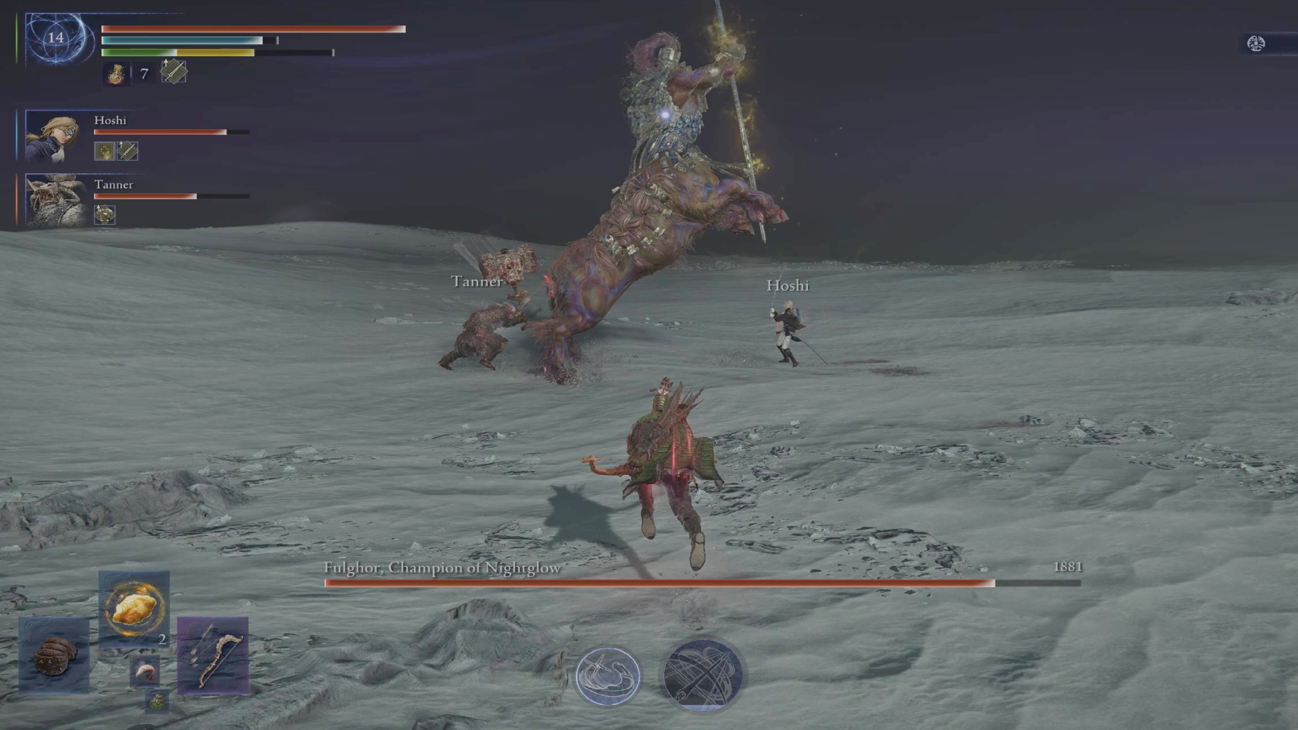 Elden Ring Nightreign Darkdrift Knight Fulghor guide: Fulghor charging a spear slam attack as three players rush to attack them in time.