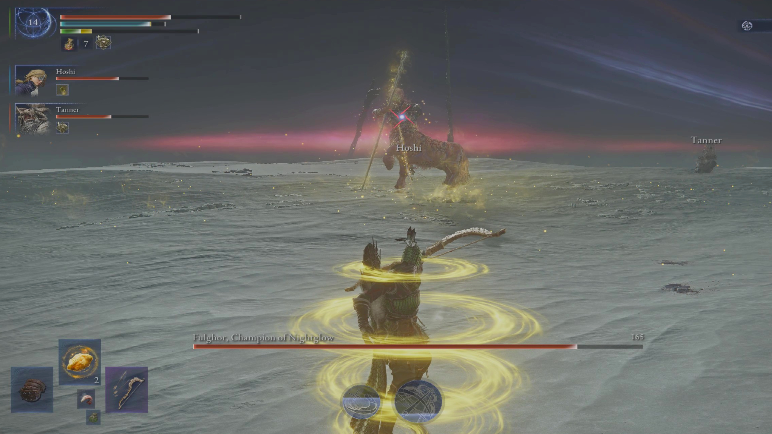 Elden Ring Nightreign Darkdrift Knight Fulghor guide: Ironeye surrounded with yellow glowing rings as Fulghor charges an attack in the distance.