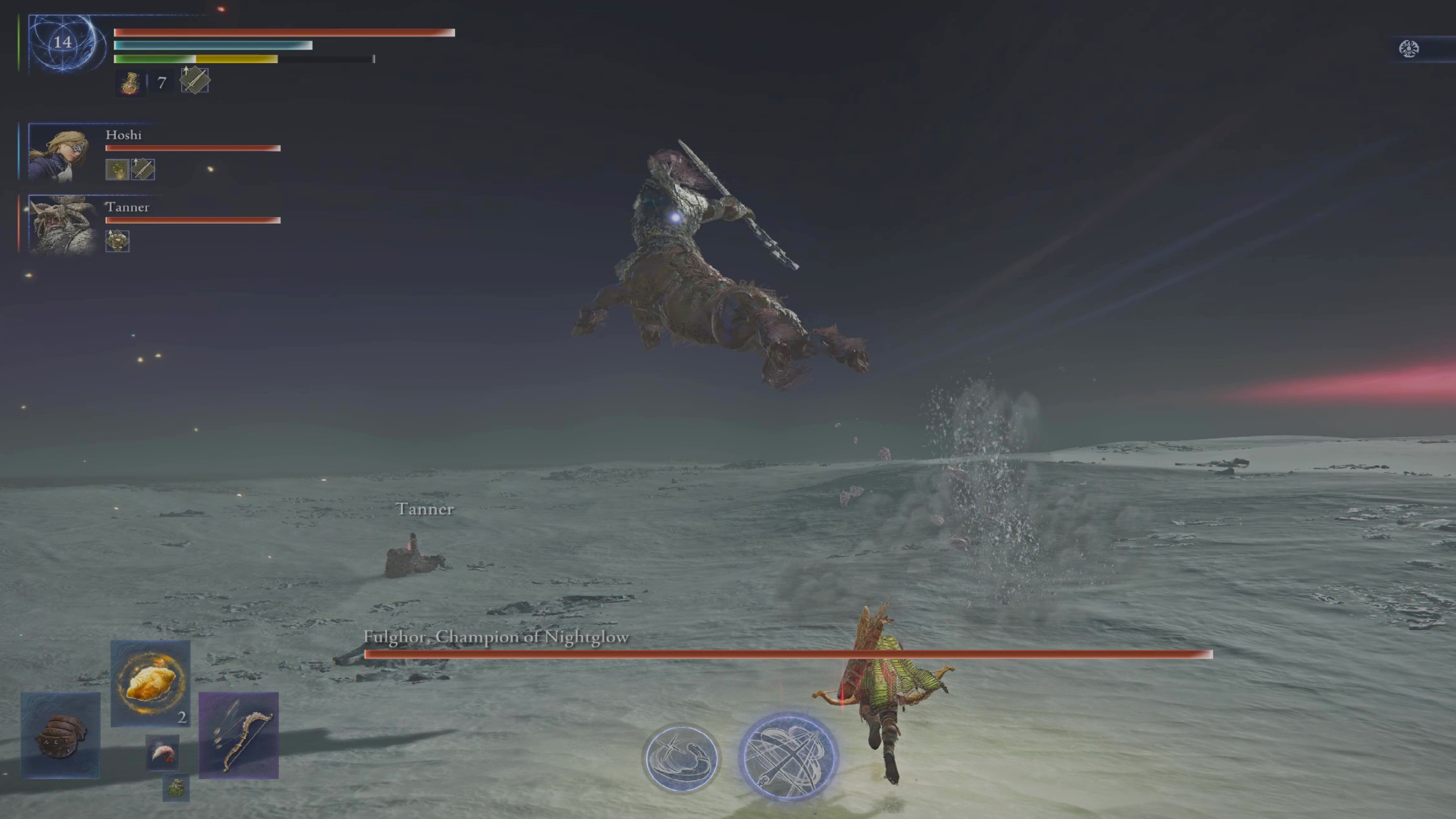 Elden Ring Nightreign Darkdrift Knight Fulghor guide: Fulghor leaping into the air, about to dive on Raider, who's injured on the ground.