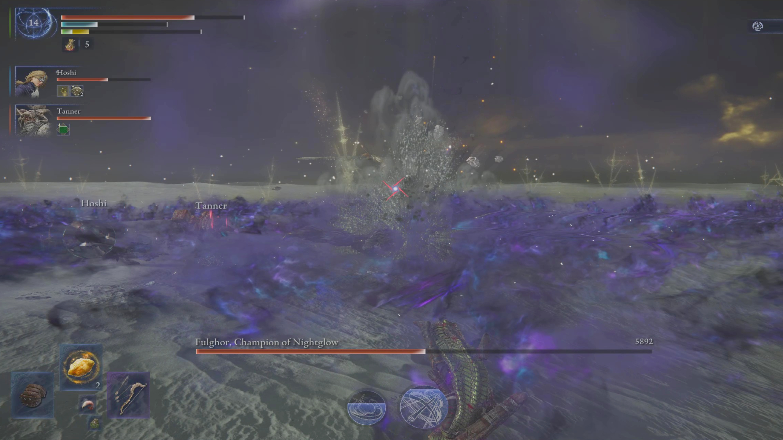 Elden Ring Nightreign Darkdrift Knight Fulghor guide: Fughlor recovering after slamming the ground and creating a purple miasma.