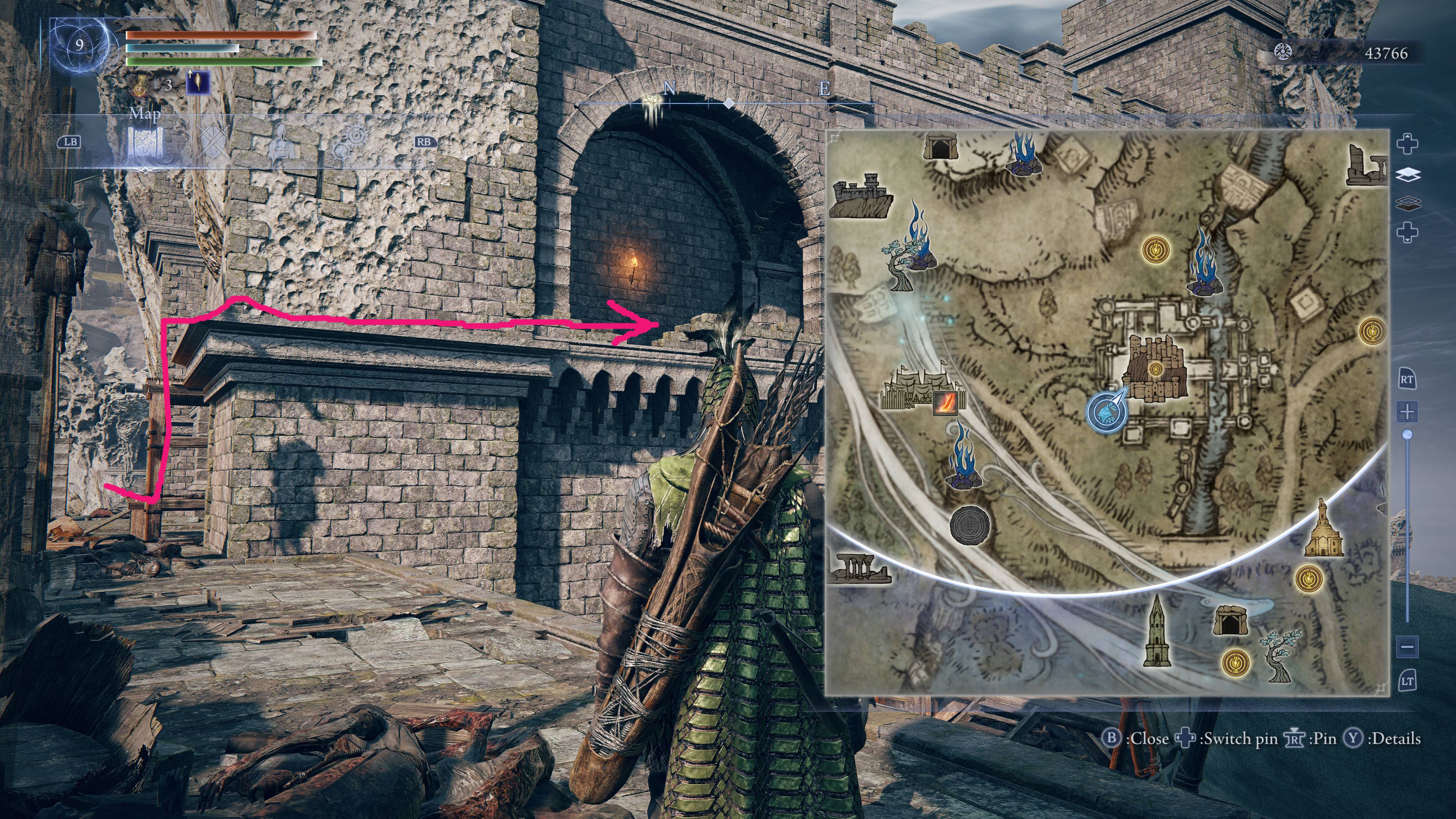 Elden Ring Nightreign character Ironeye standing before a castle wall with a hand-drawn arrow showing the way up