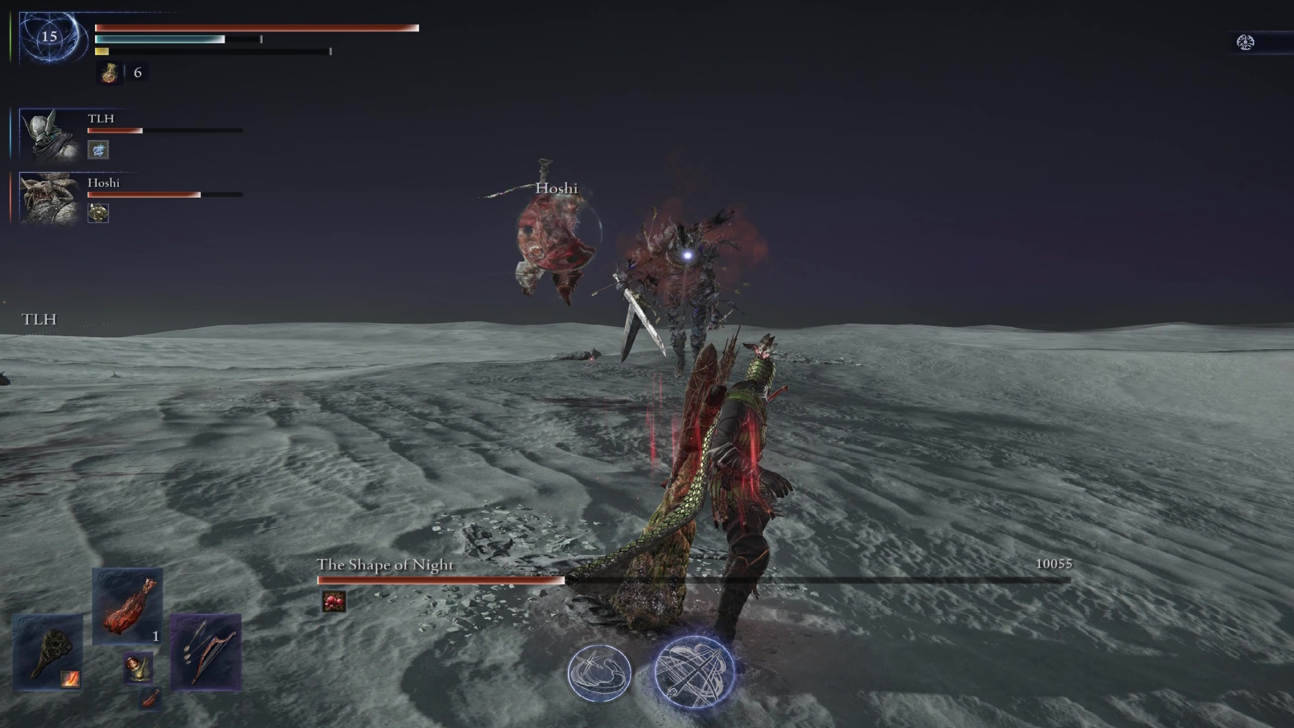 Elden Ring Nightreign Night Aspect guide Heolstor boss: The Shape of Night boss fight that preceeds Heolstor, with Raider leaping to attack it while Ironeye fires at it from a distance.