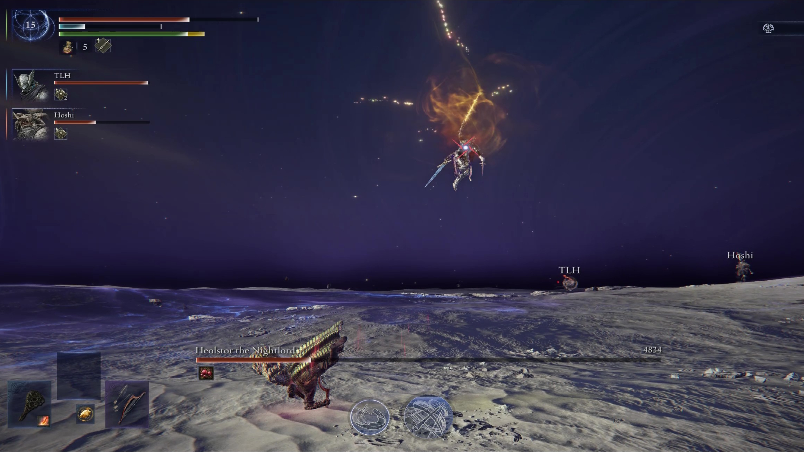 Elden Ring Nightreign Night Aspect guide Heolstor boss: The Nightlord leaping into the air, glowing as it charges a slam attack.