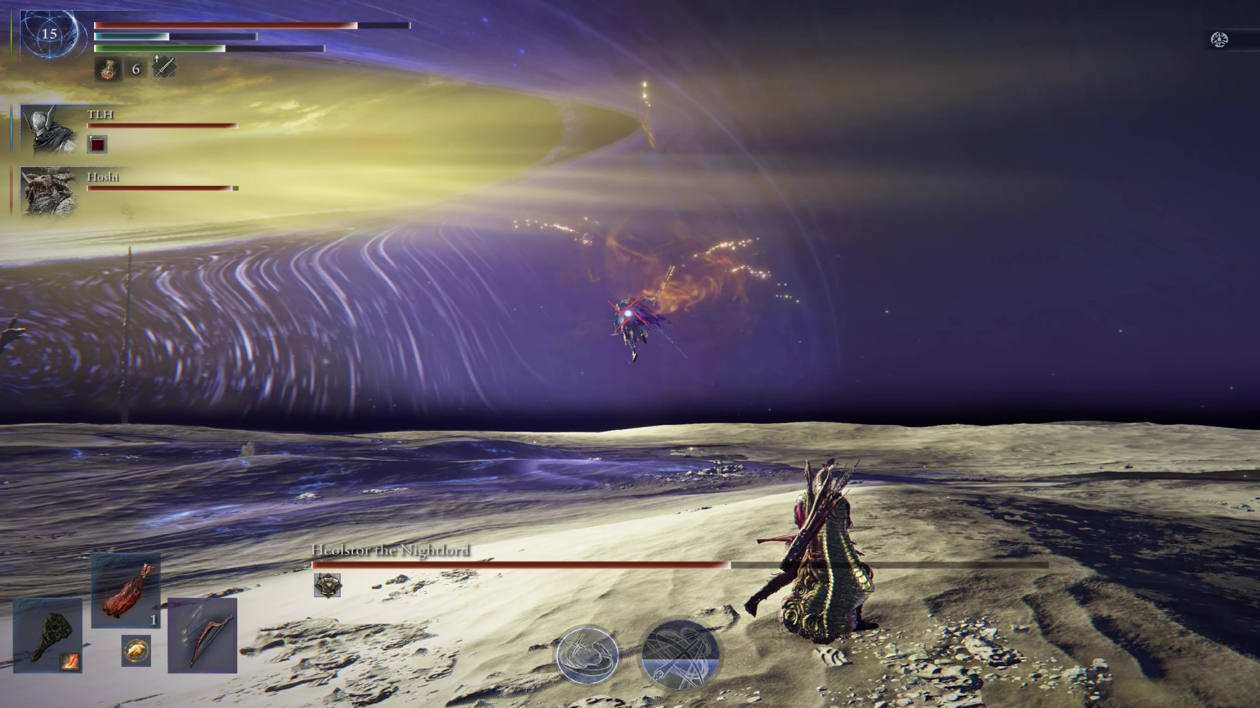 Elden Ring Nightreign Night Aspect guide Heolstor boss: The Nightlord hoving in the air, creating an orange rift as it rips open the sky with its magic.