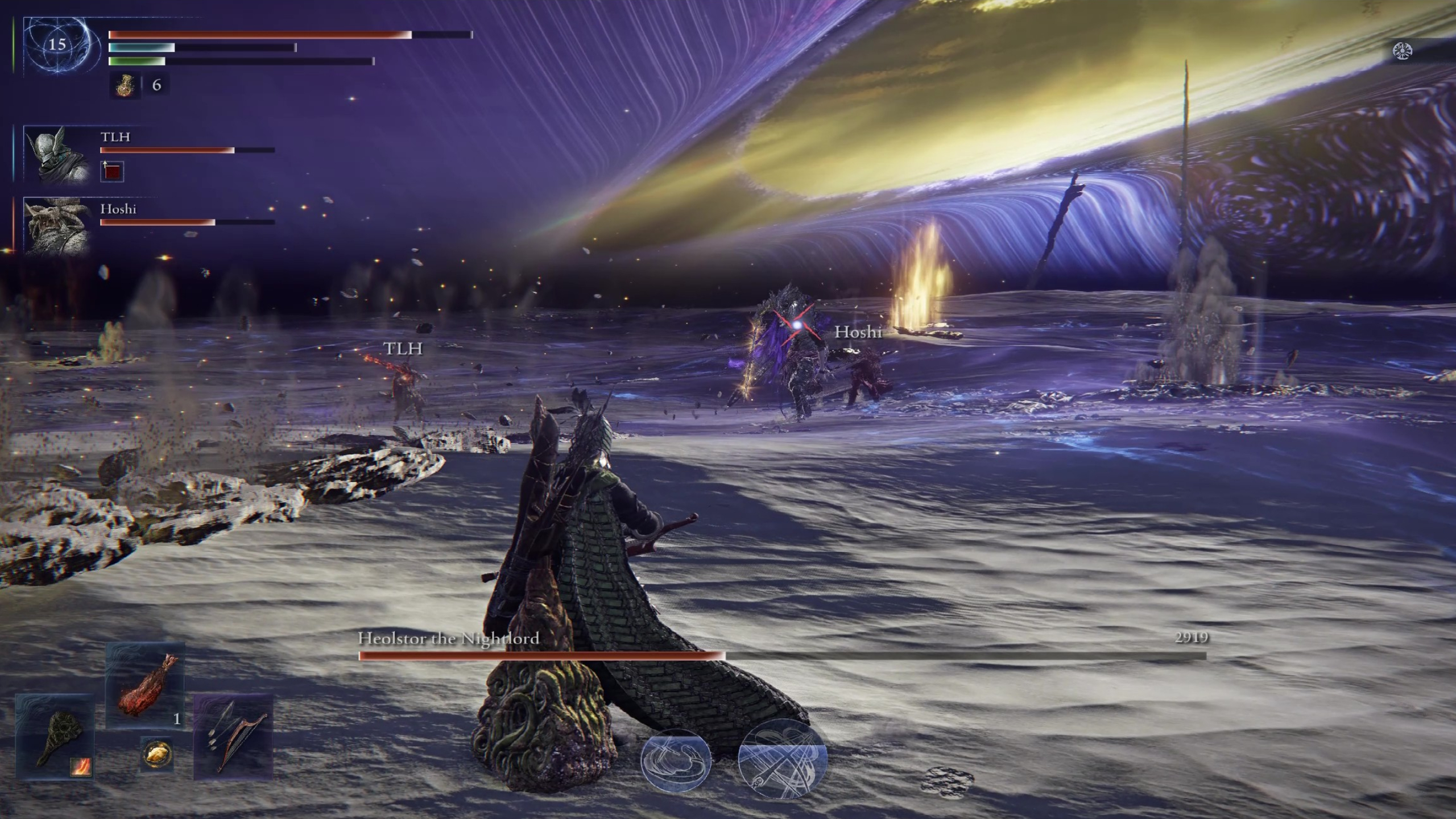 Elden Ring Nightreign Night Aspect boss guide: Heolstor creating fissures as it attacks nearby players after tearing open the sky in the background.