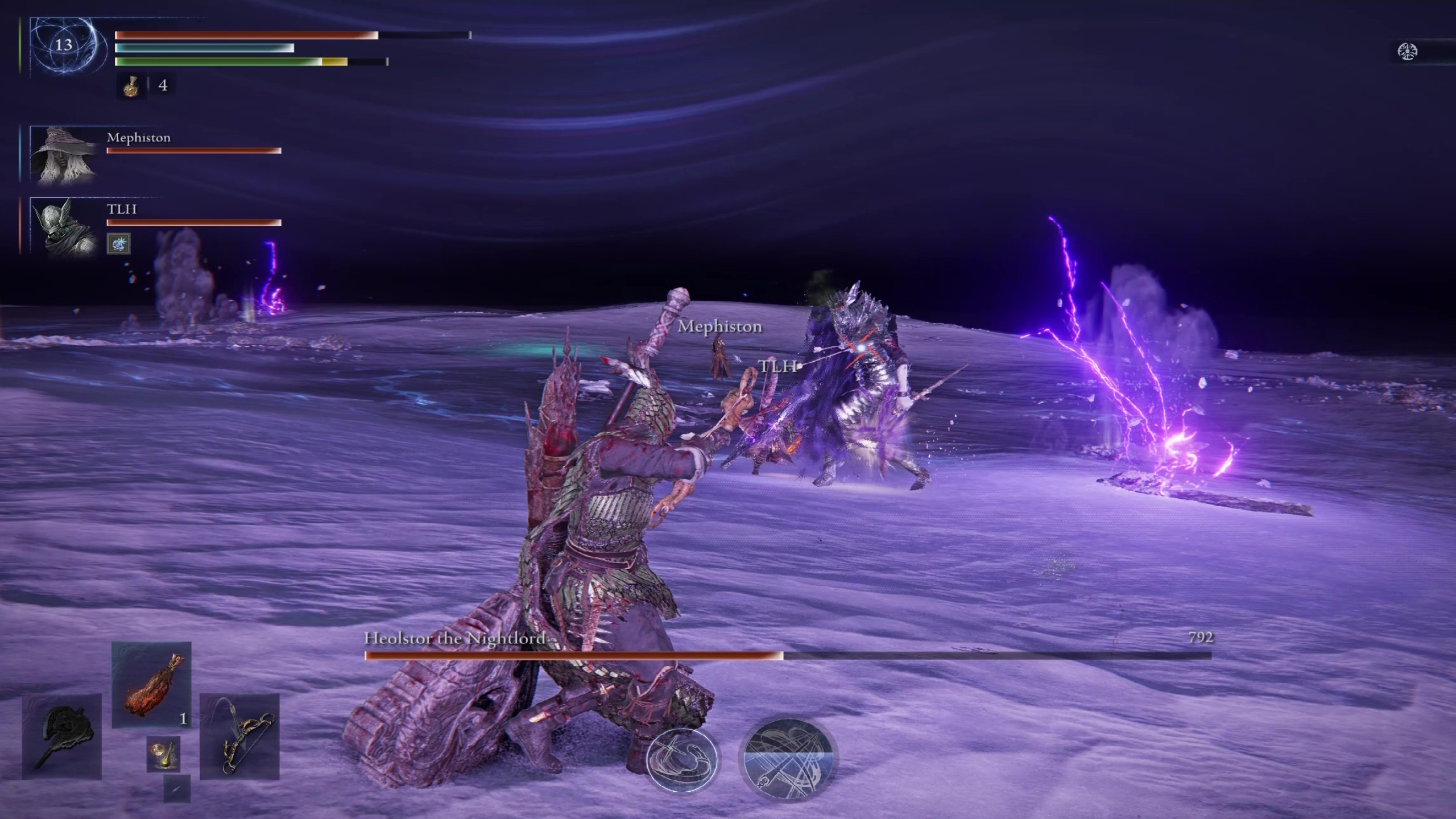 Elden Ring Nightreign Night Aspect guide Heolstor boss: Ironeye shooting at the Nightlord as Raider hits them, and lightning erupts from the ground.