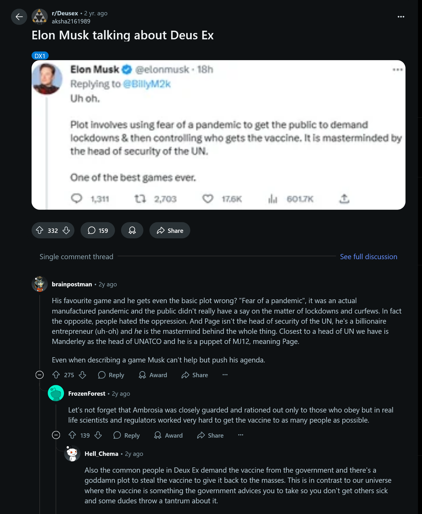 Uh oh. Plot involves using fear of a pandemic to get the public to demand lockdown & then controlling who gets the vaccine. It is masterminded by the head of security of the UN. One of the best games ever.