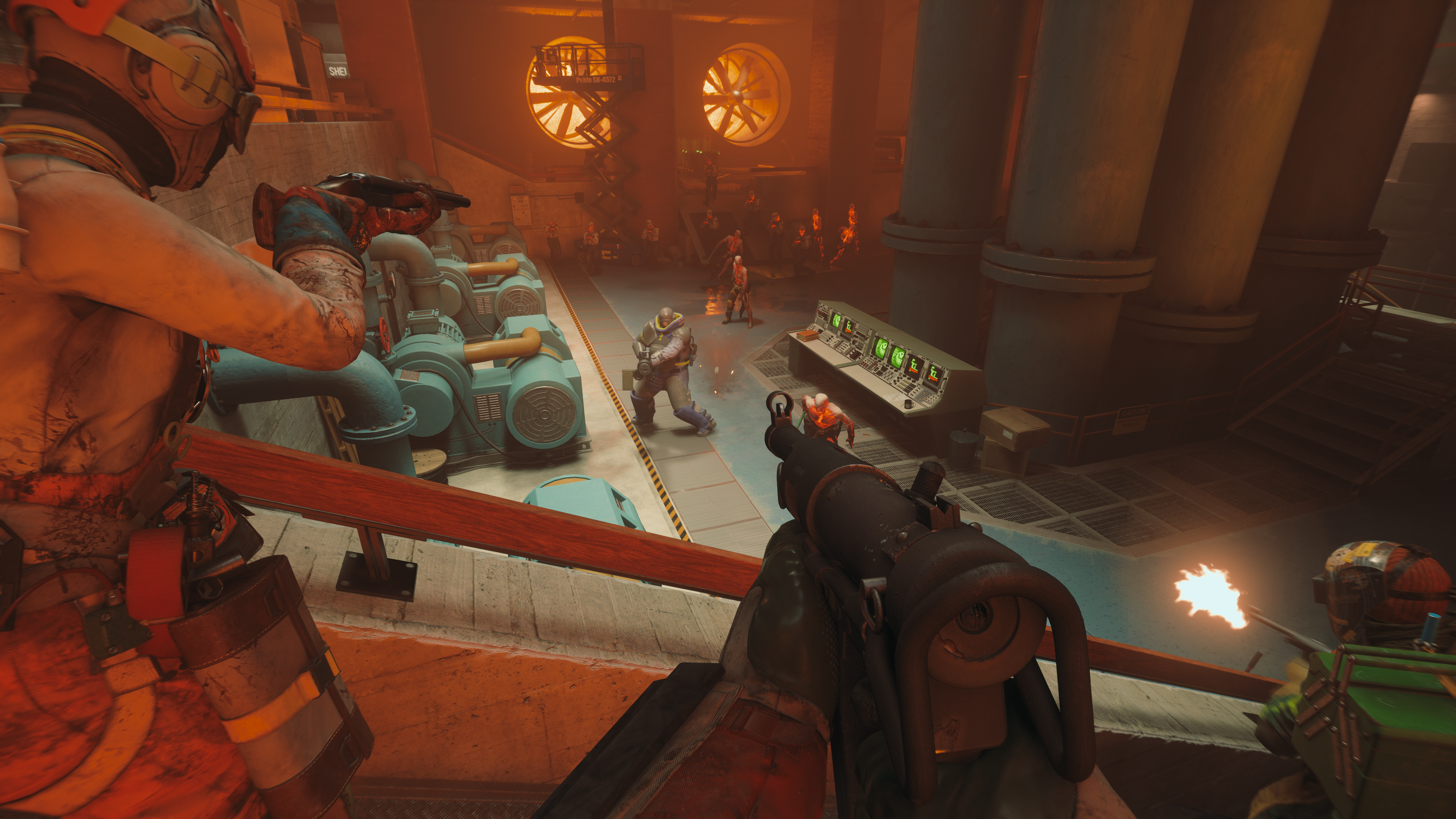 Three players fire from a stairway into a large room full of enemies
