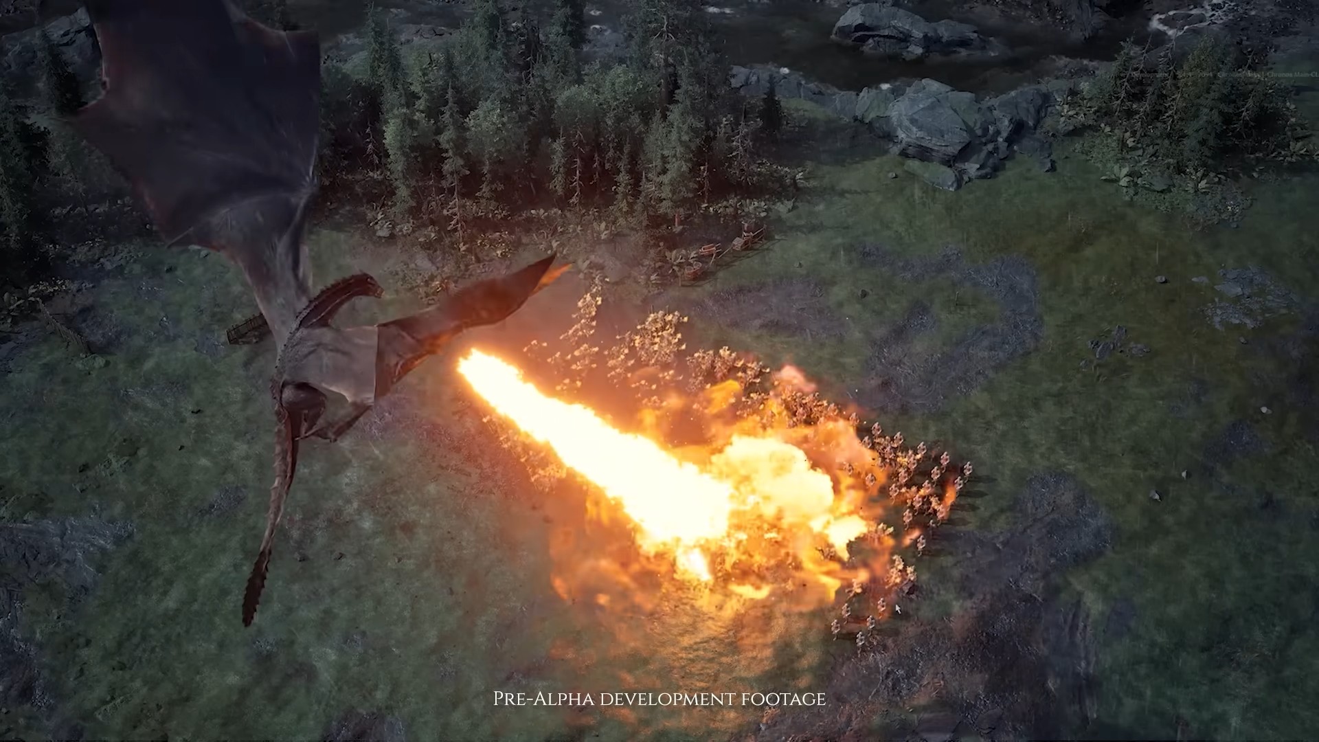 Gameplay footage from the War For Westeros RTS, showing a dragon breathing fire on a group of human units.