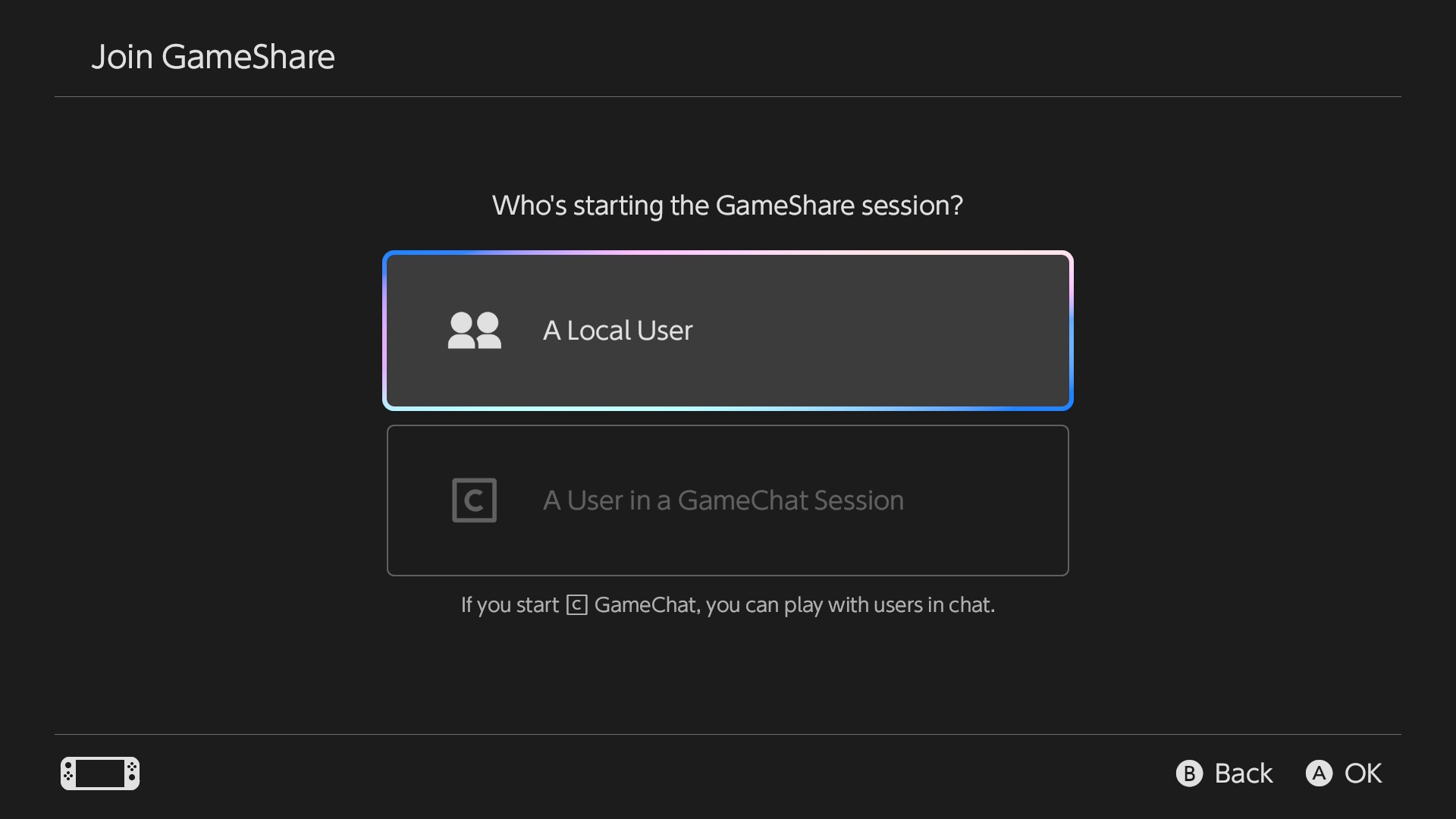 The initial GameShare menu, where the host chooses what type of session to create The initial GameShare menu, where the host chooses what type of session to create
