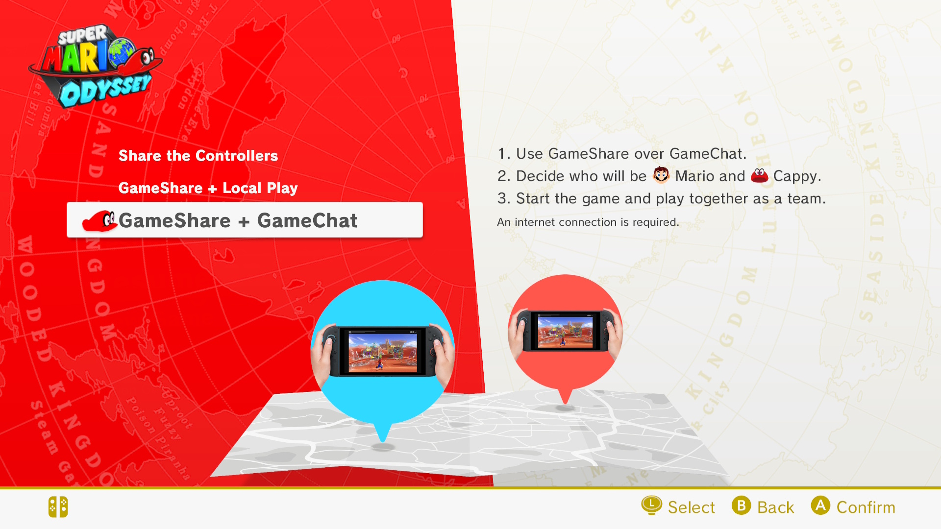 Super Mario Odyssey’s multiplayer menu with the GameChat option highlighted Super Mario Odyssey’s multiplayer menu with the GameChat option highlighted