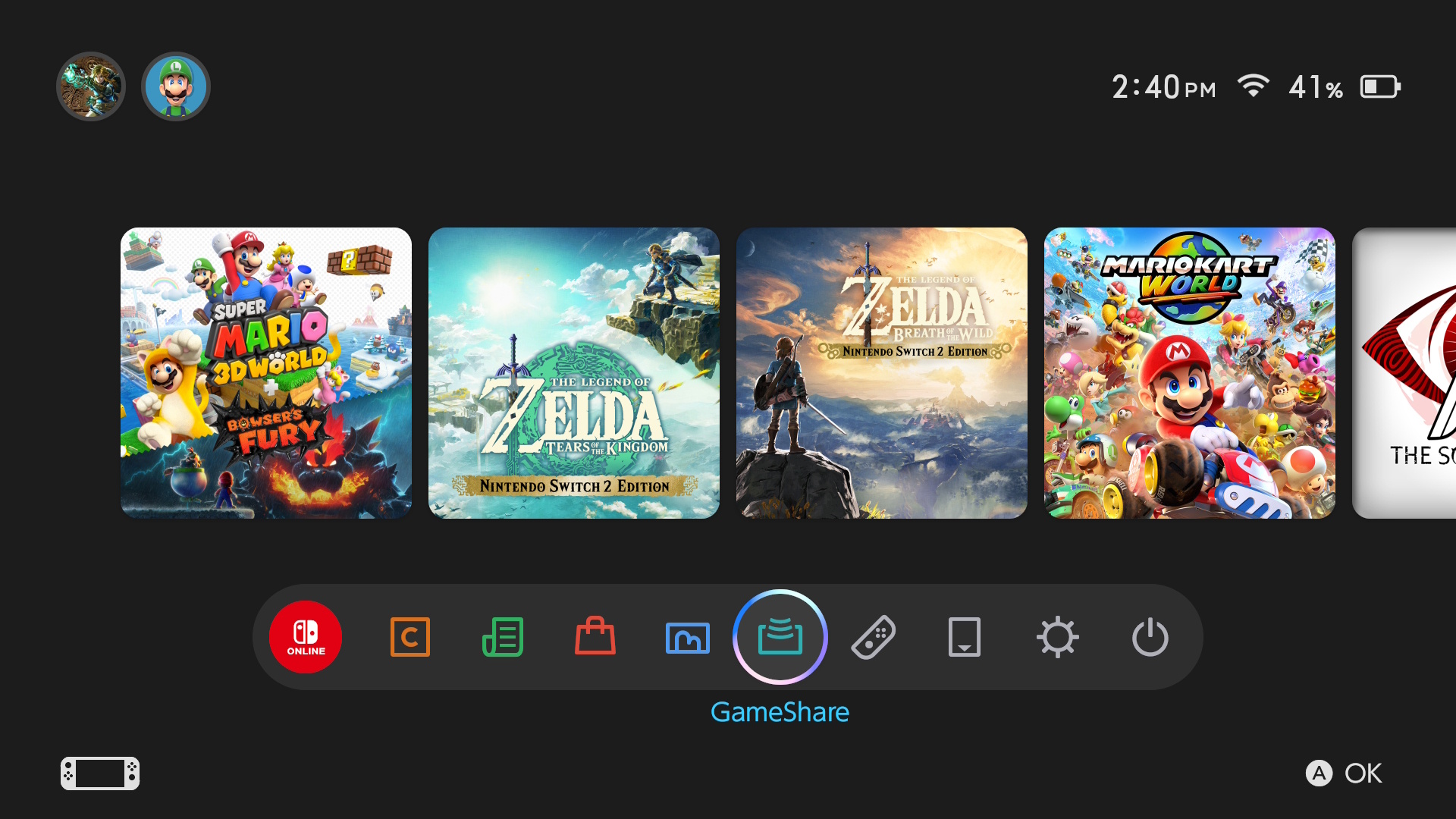 A Switch 2 menu screen with the GameShare option highlighted A Switch 2 menu screen with the GameShare option highlighted
