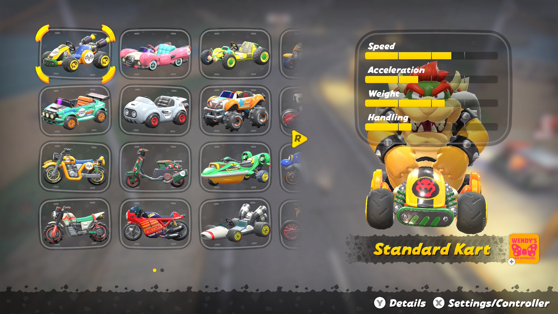 The kart selection screen in Mario Kart World, showing Bowser in his standard kart The kart selection screen in Mario Kart World, showing Bowser in his standard kart