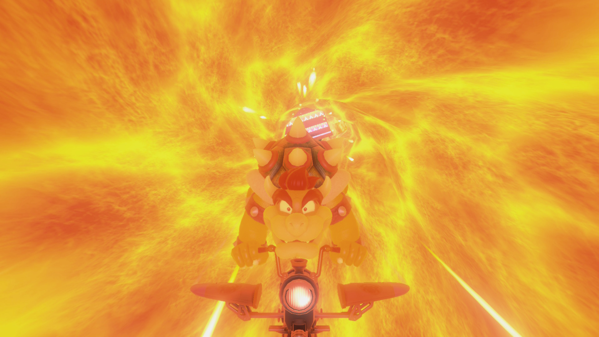 Bowser flying through a lava tunnel and looking rather frightened about it in Mario Kart World Bowser flying through a lava tunnel and looking rather frightened about it in Mario Kart World