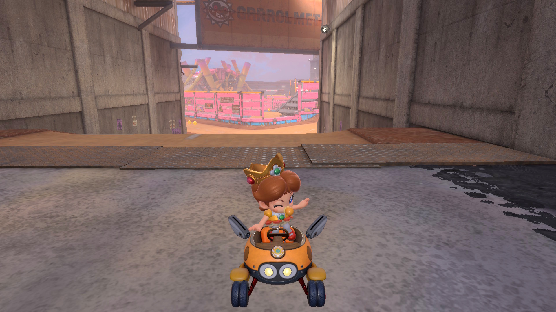 Baby Daisy doing a trick in the Biddy Buggy in Mario Kart World Baby Daisy doing a trick in the Biddy Buggy in Mario Kart World