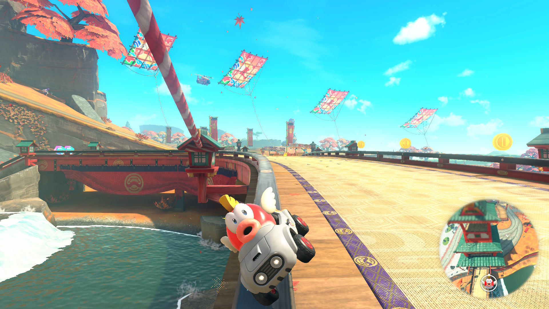 Cheep-Cheep riding a rail in Mario Kart World’s Cheep-Cheep Falls area Cheep-Cheep riding a rail in Mario Kart World’s Cheep-Cheep Falls area