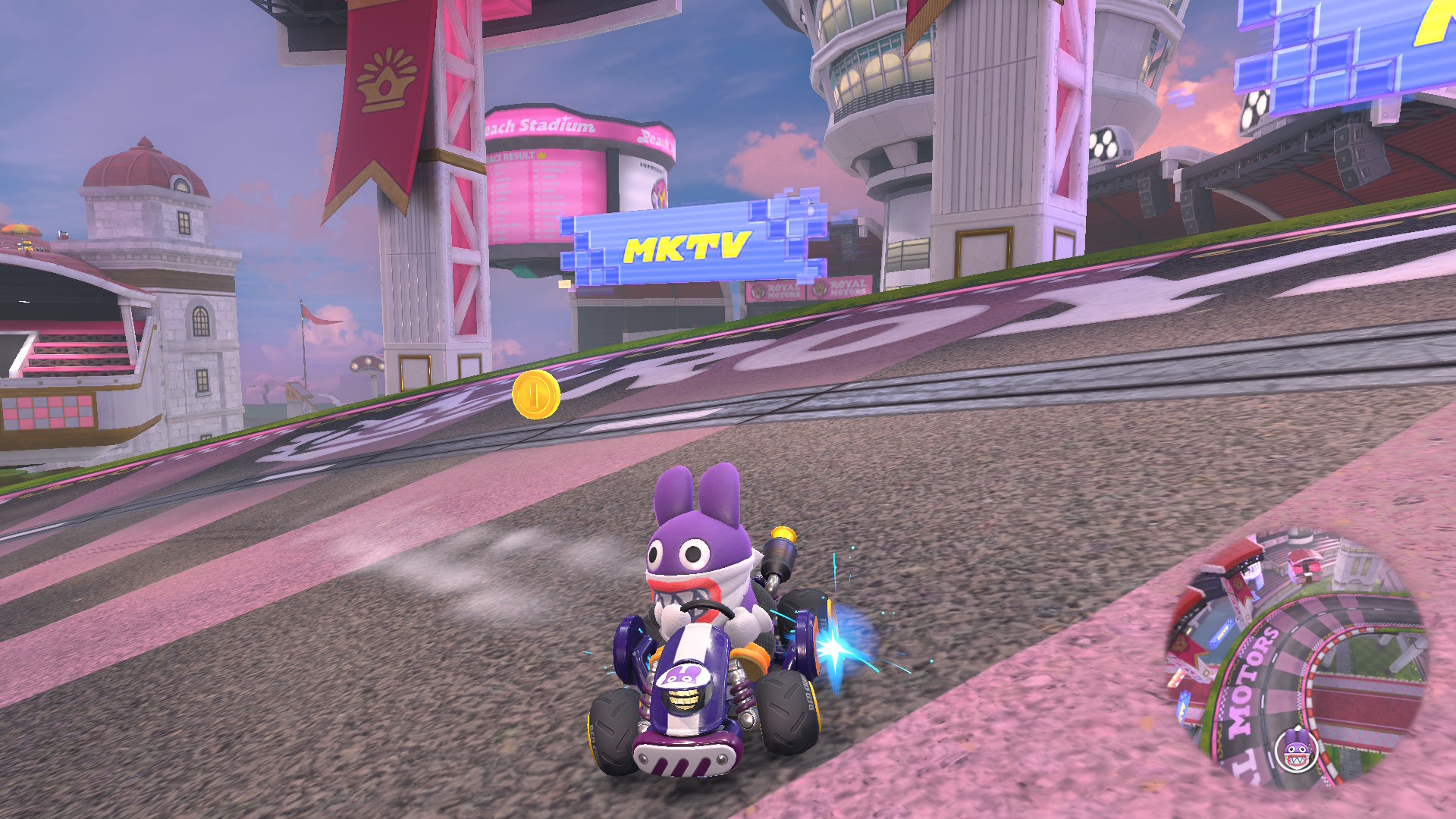 Nabbit on Peach Circuit in Mario Kart World Nabbit on Peach Circuit in Mario Kart World
