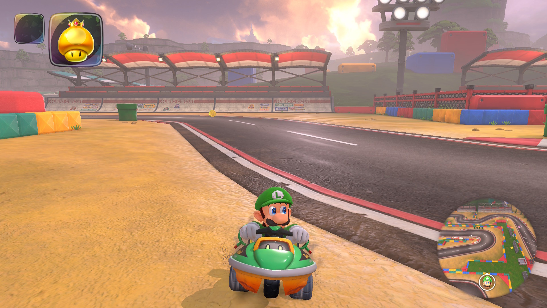 Luigi on Mario Circuit in Mario Kart World Luigi on Mario Circuit in Mario Kart World