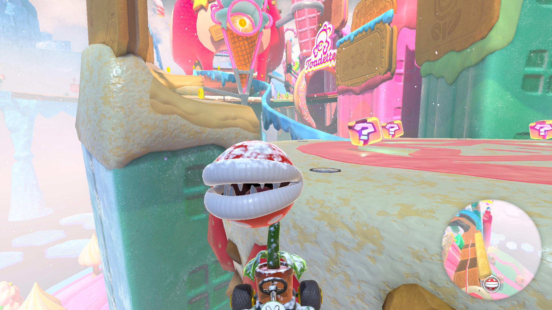 A snow-covered Piranha Plant in Mario Kart World A snow-covered Piranha Plant in Mario Kart World