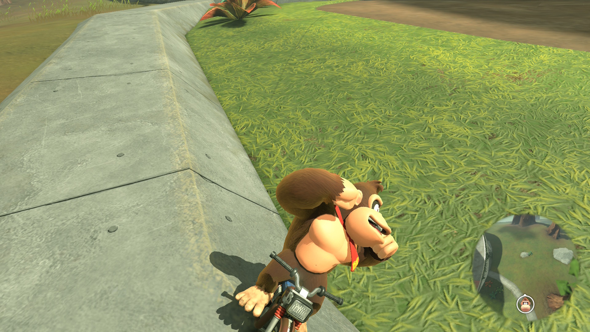 Donkey Kong riding a bike at a dangerous-looking angle in Mario Kart World Donkey Kong riding a bike at a dangerous-looking angle in Mario Kart World