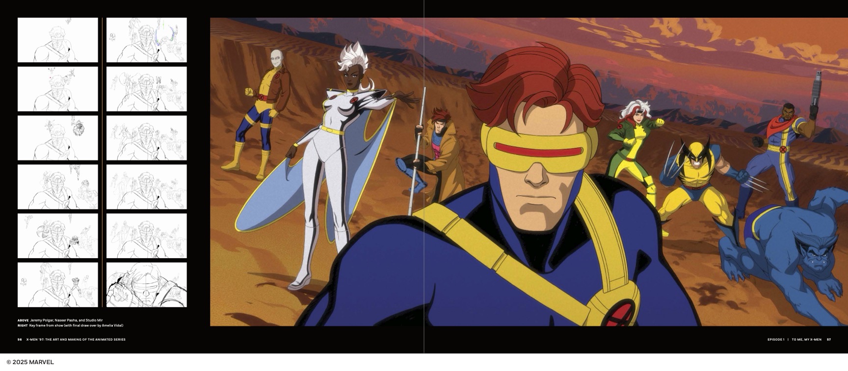 Cyclops stands in front of the X-Men, to the left are storyboards of the pose Cyclops stands in front of the X-Men, to the left are storyboards of the pose