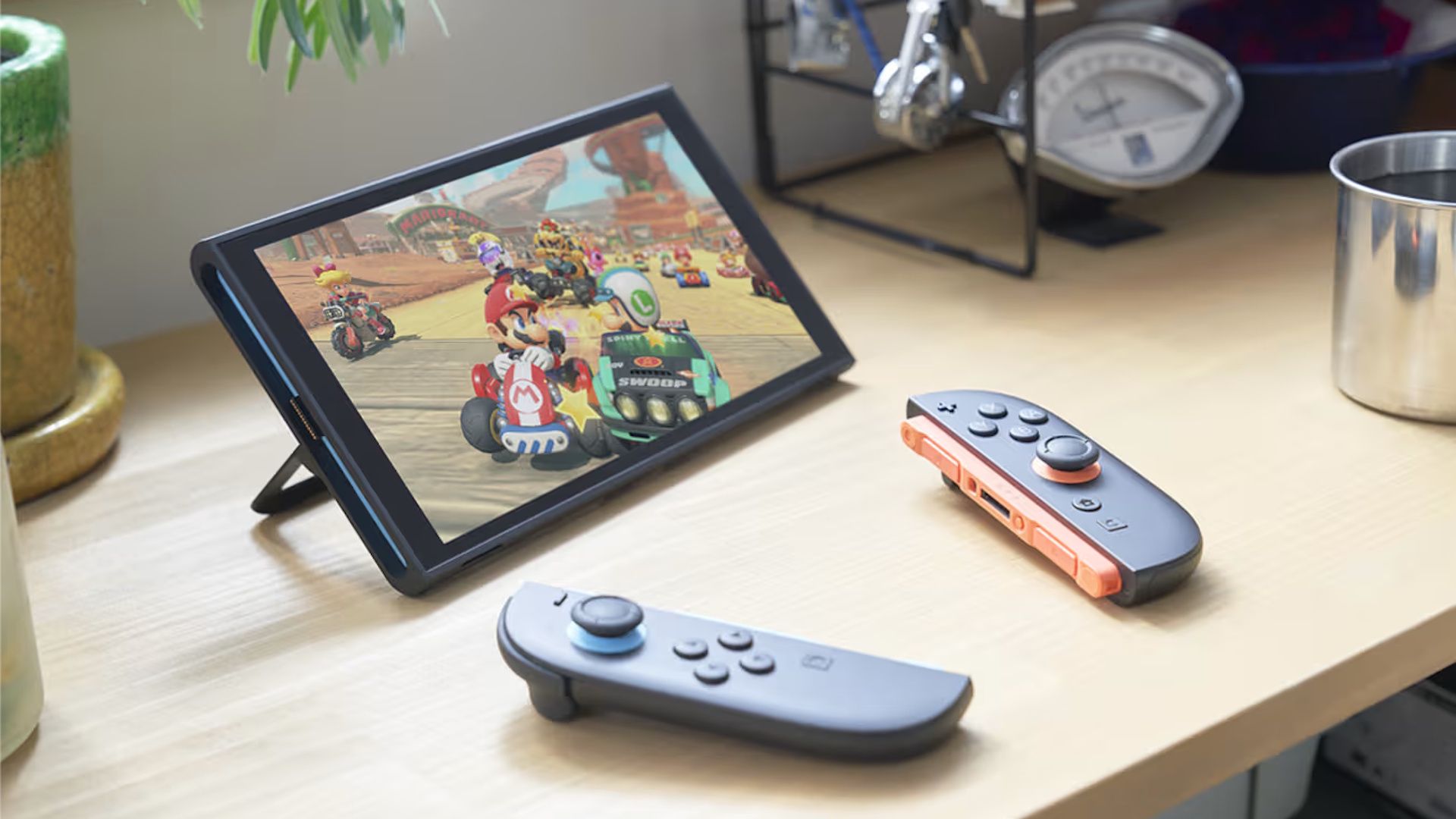 A Switch 2 in kickstand mode, running Mario Kart World A Switch 2 in kickstand mode, running Mario Kart World