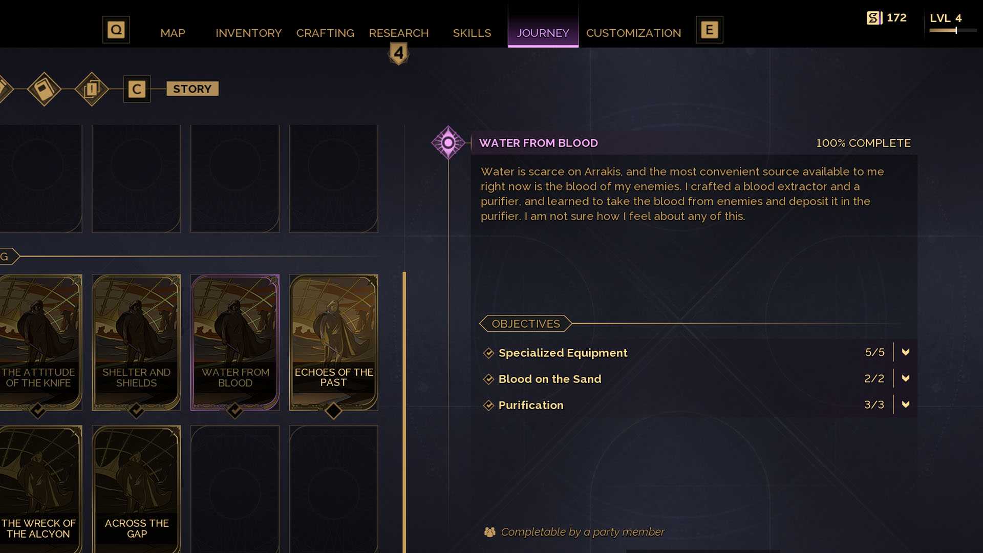 A Dune: Awakening screenshot showing the Journey tab and the description of the Water from Blood mission.