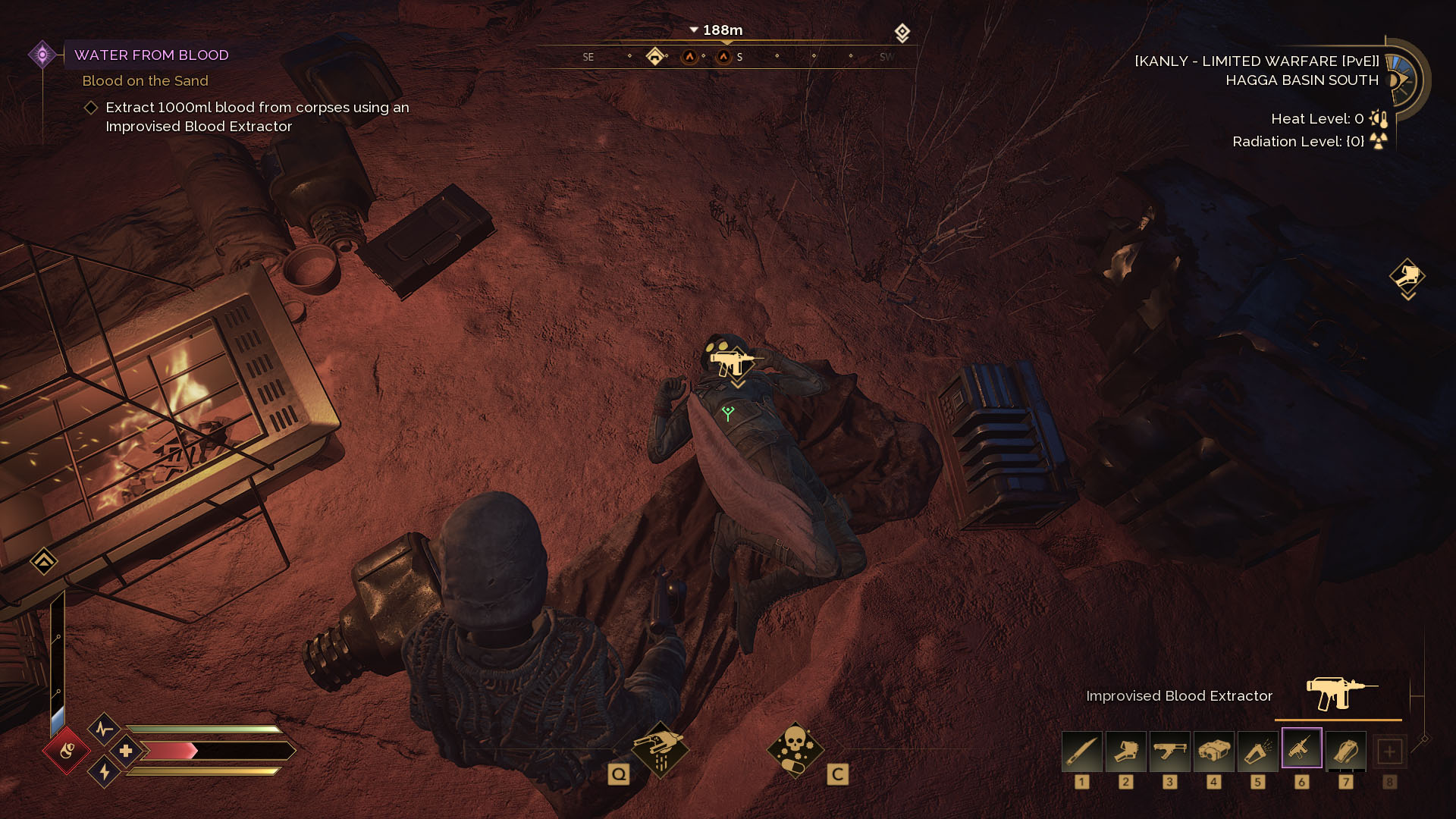 A Dune Awakening screenshot showing a character next to the body of an enemy and a symbol over it indicating the possibility to extract blood from the body.