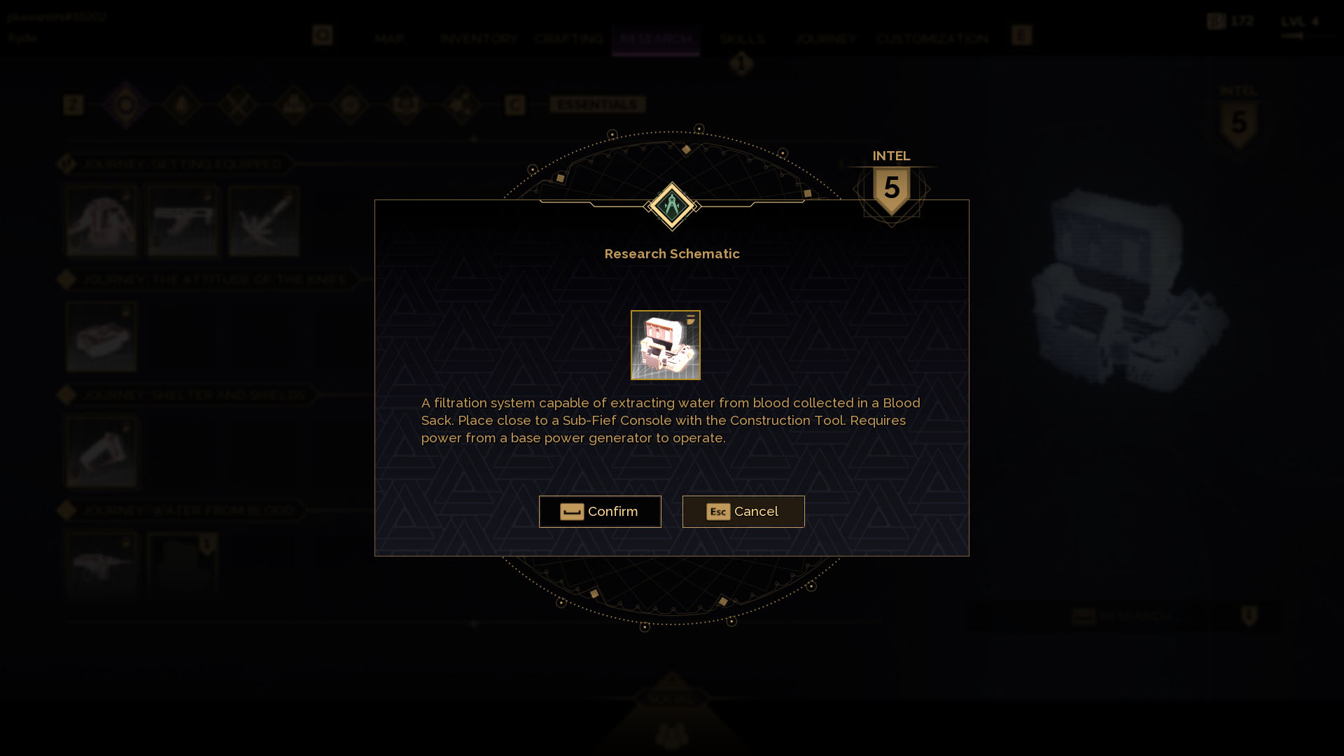 A Dune: Awakening screenshot showing a message box explaining the Blood Purifier schematics and how to use the machine.