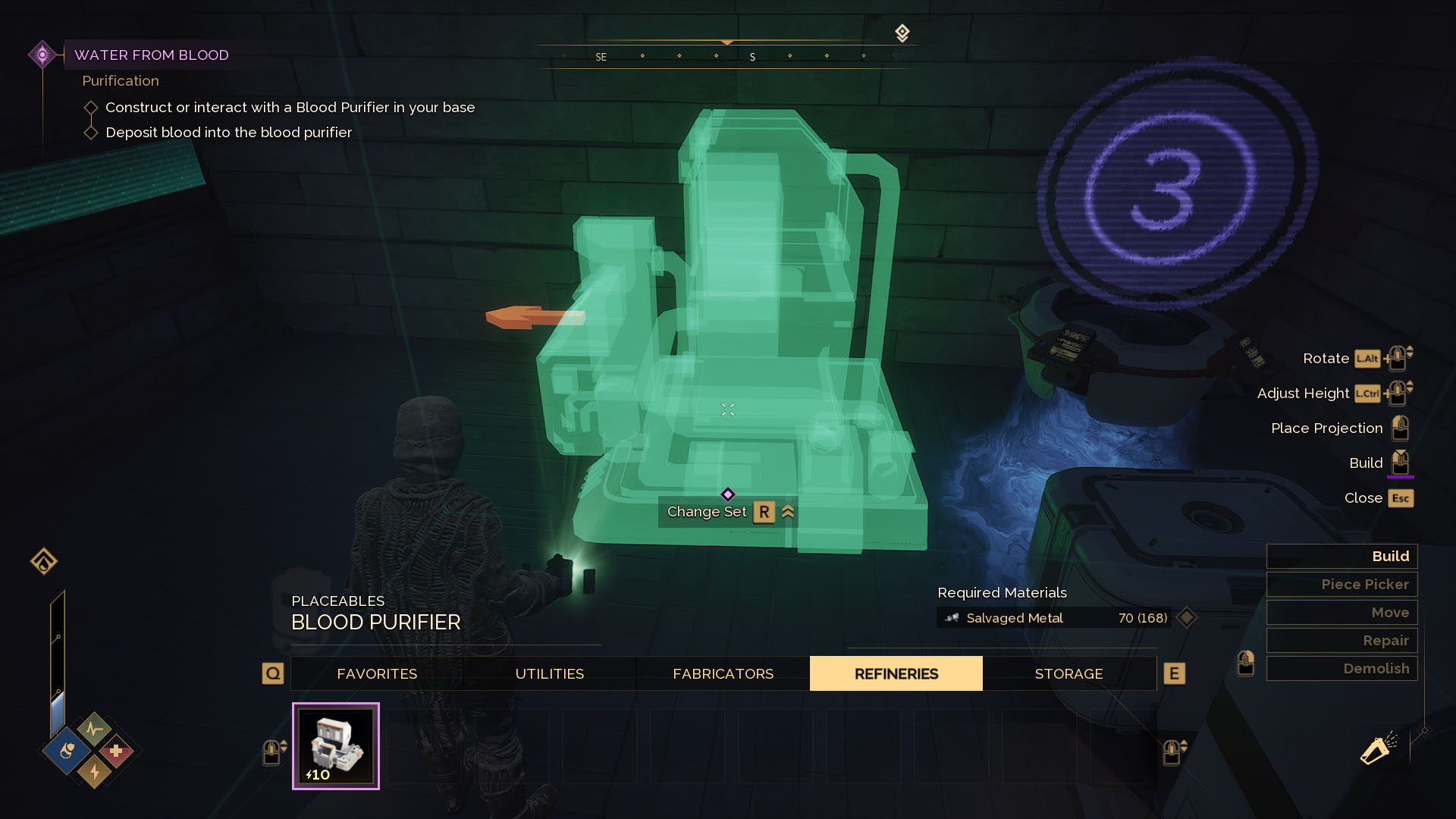 A Dune: Awakening screenshot showing a character placing the Blood Purifier next to the Sub-Fief Console inside their shelter.