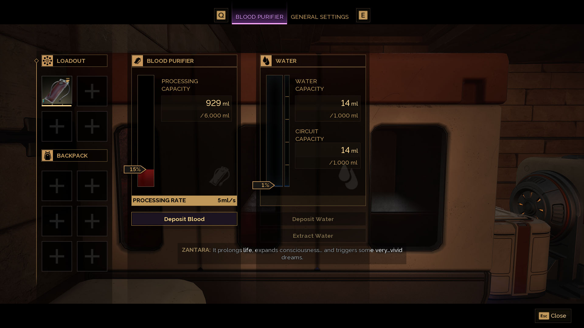 A Dune: Awakening screenshot showing the Blood Purifier dashboard and 929ml of blood being processed to become water.