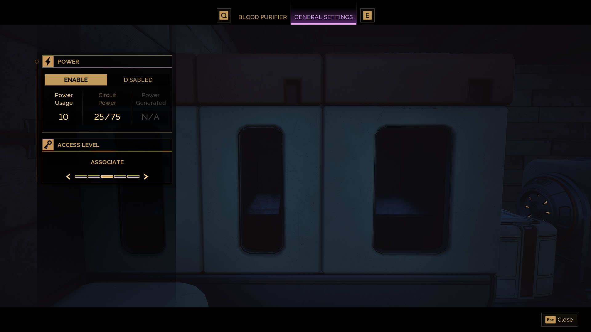 A Dune: Awakening screenshot showing the General Setting of the Blood Purifier, where you can enable or disable the power. 