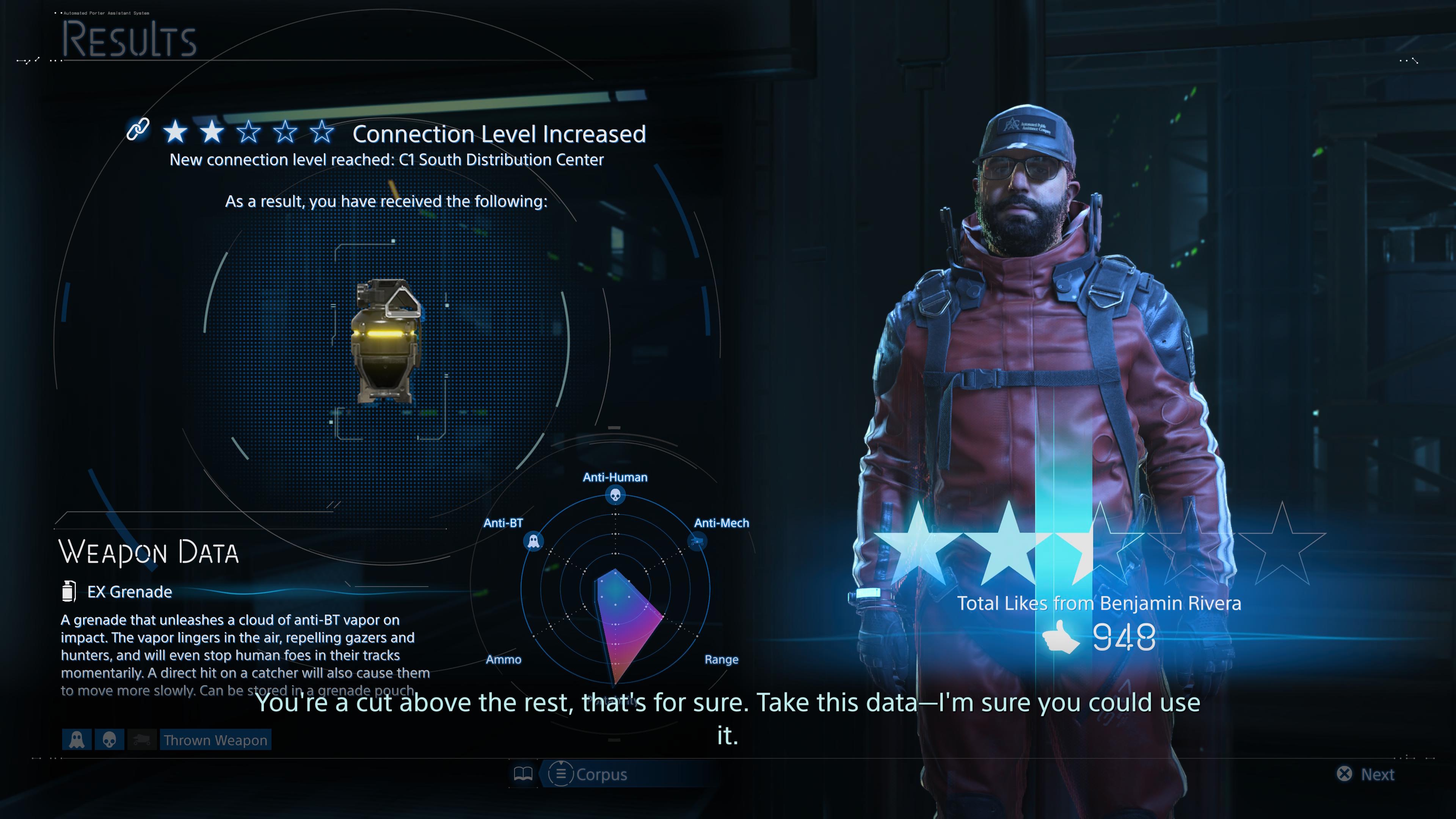 An order evaluation and connection level screen in Death Stranding 2 An order evaluation and connection level screen in Death Stranding 2